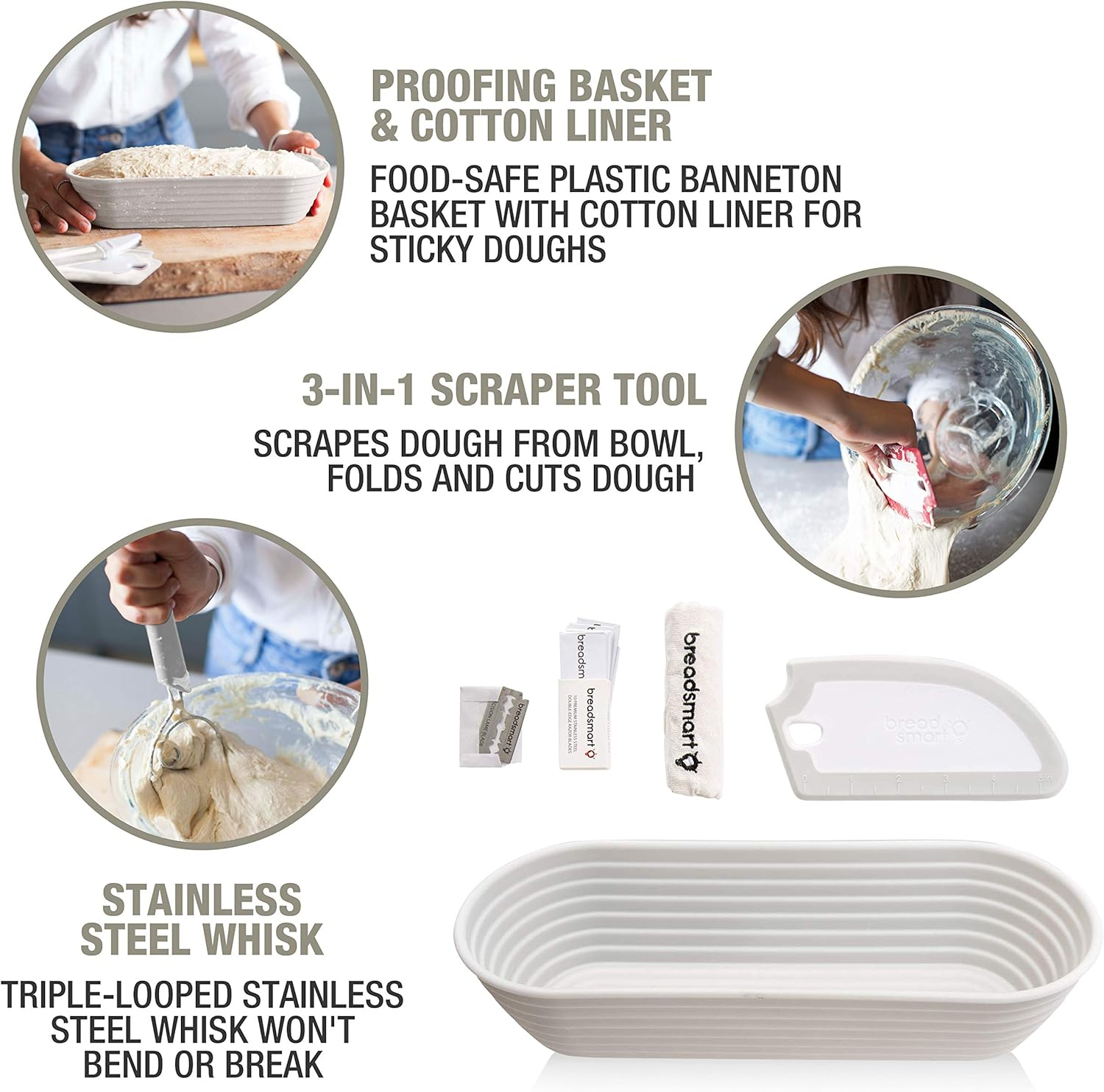 Breadsmart Artisan Bread Making Kit - 5 PC Baking Supplies Set - Lame, Scraper, Whisk, Proofing Basket & Cotton Liner - Gray