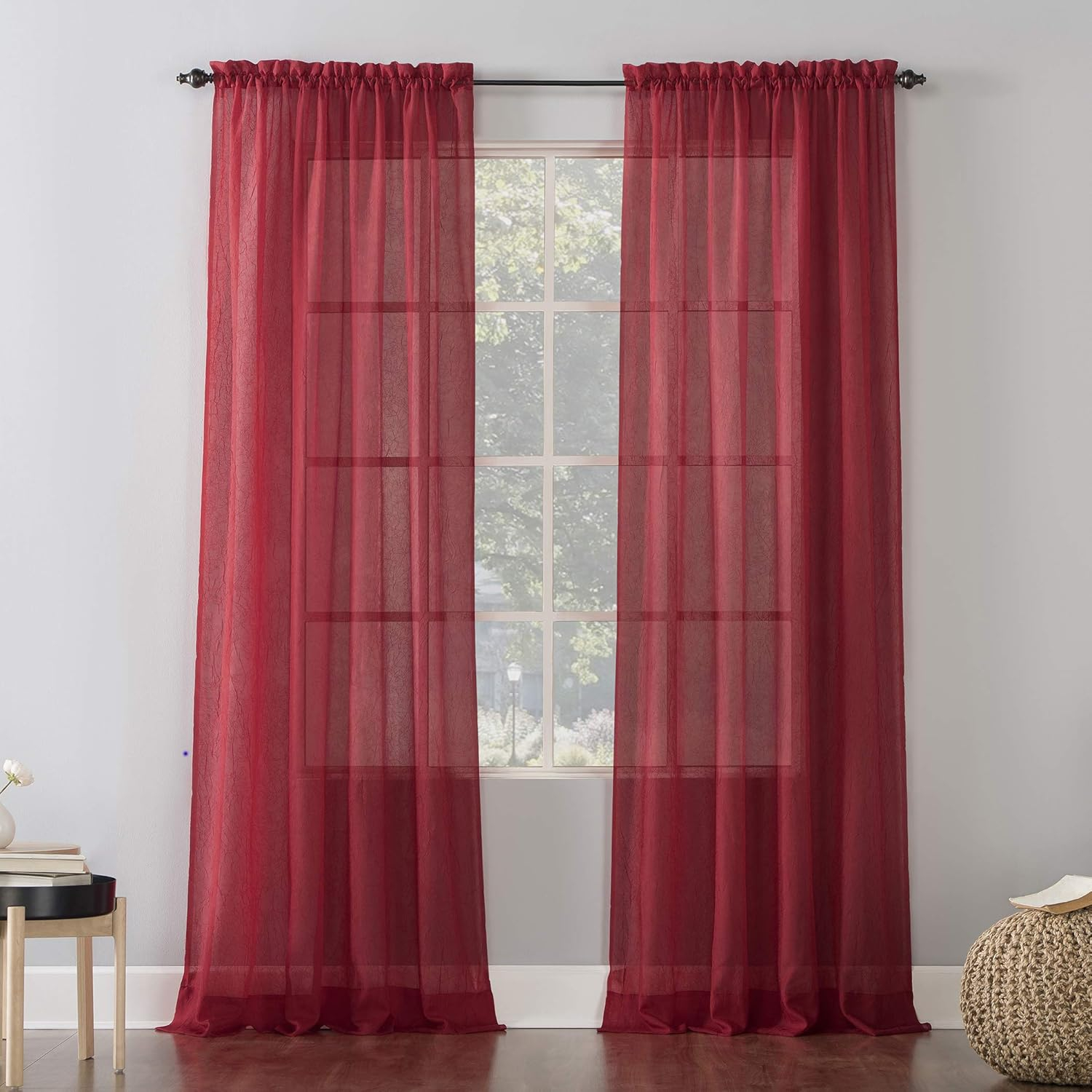 No. 918 Jillian Crushed Voile Sheer Rod Pocket Curtain Panel, 51" x 108", Red