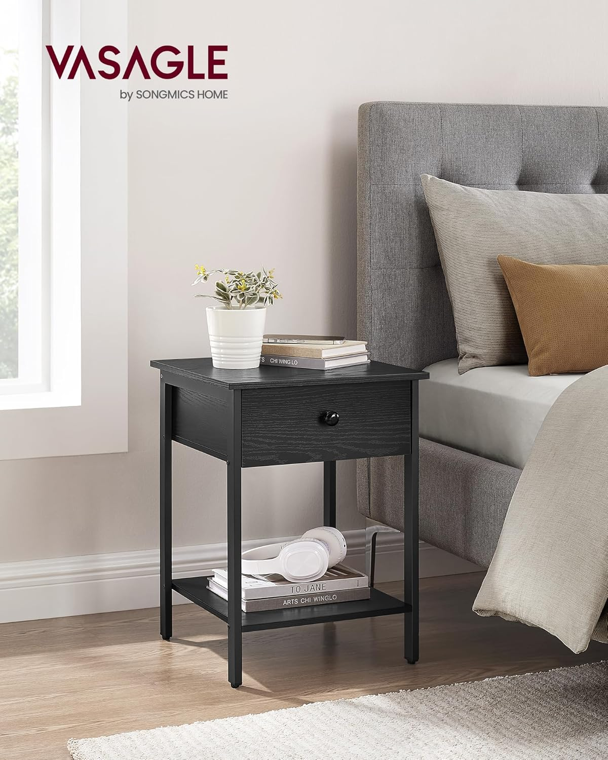 VASAGLE Nightstand, End Table, Side Table with Drawer and Shelf, 15.7 x 15.7 x 21.7 Inches, Bedroom, Steel Frame, Easy Assembly, Modern, Ebony Black ULET055B56