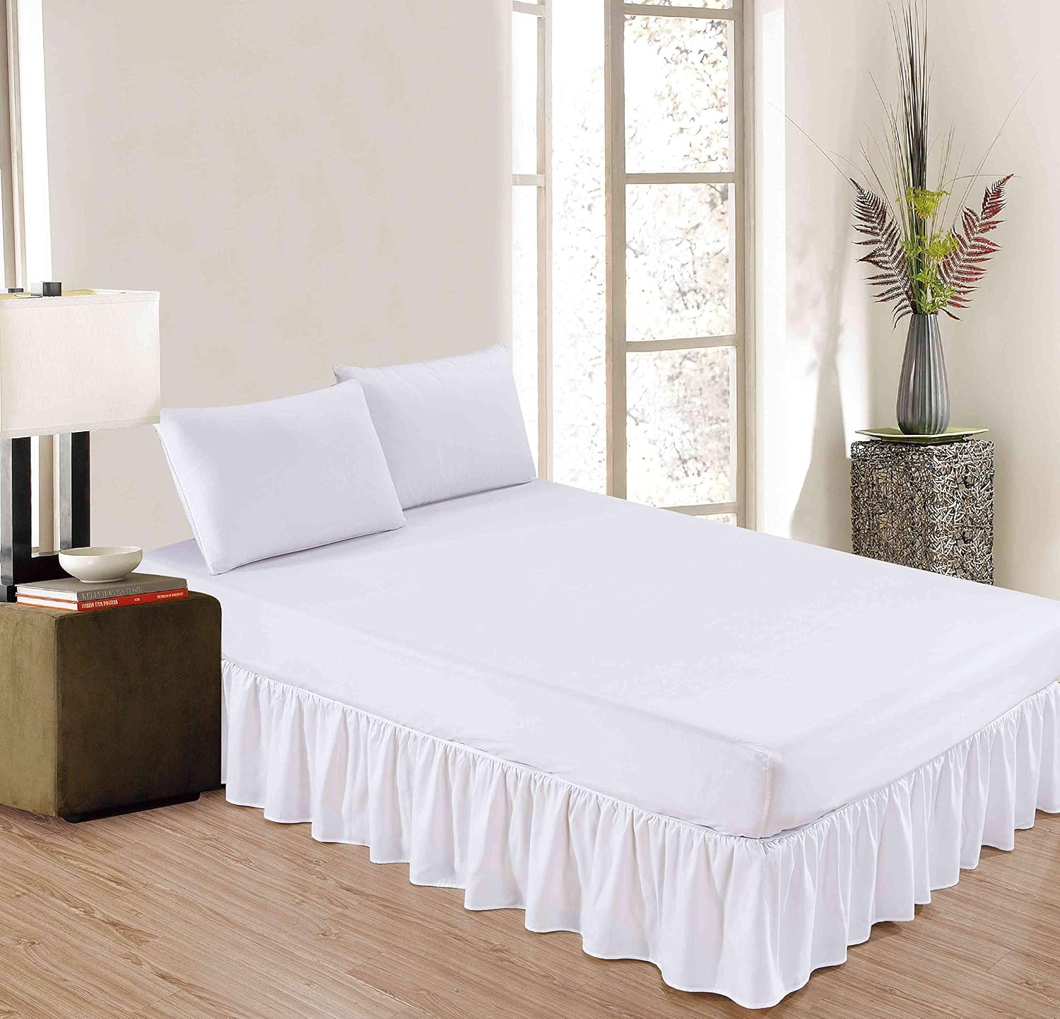 Sheets & Beyond Wrap Around Solid Microfiber Luxury Hotel Quality Fabric Bedroom Gathered Ruffled Bedding Bed Skirt 14 Inch Drop (Full, White)