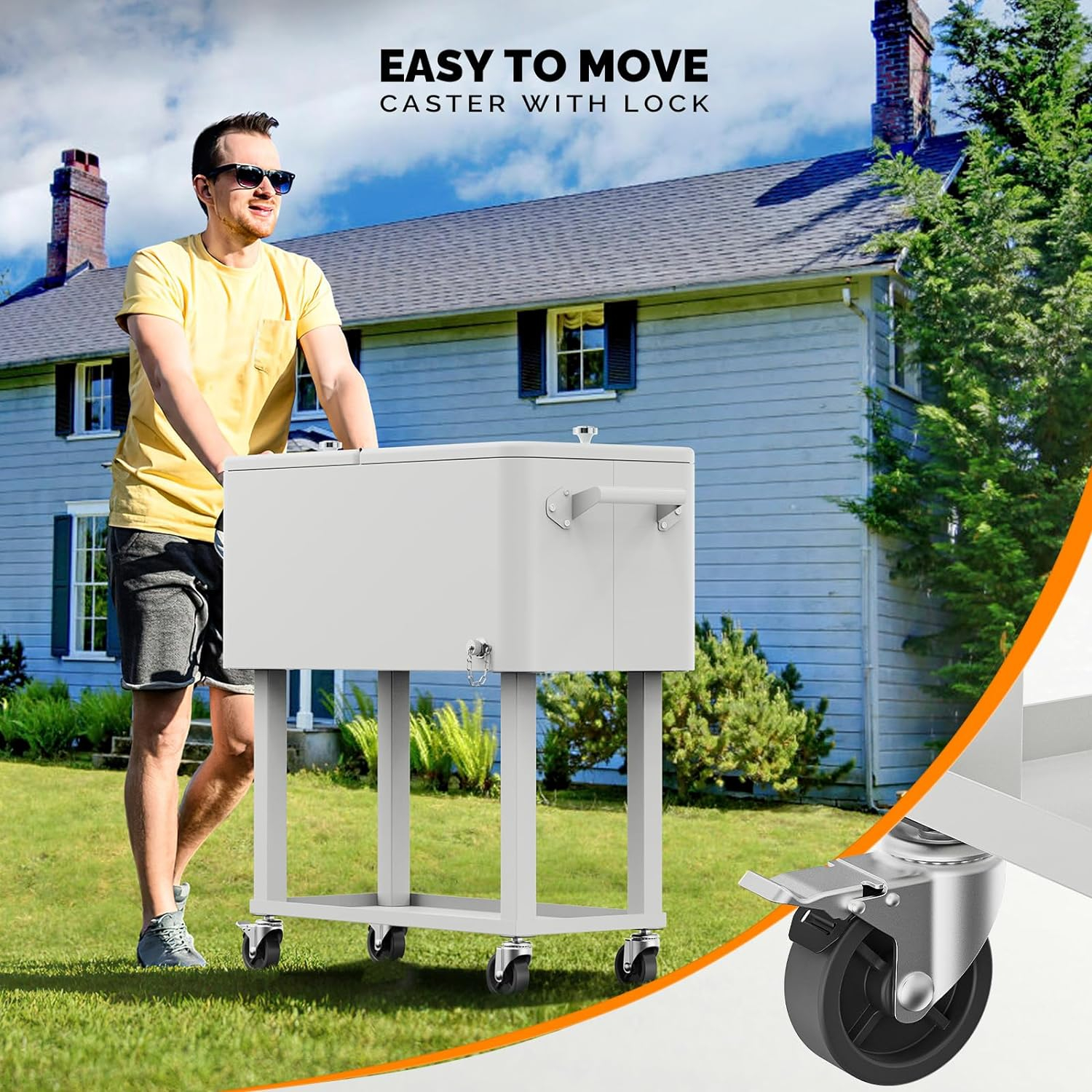 White Iron Rolling Cooler Cart with Shelf and Bottle Opener