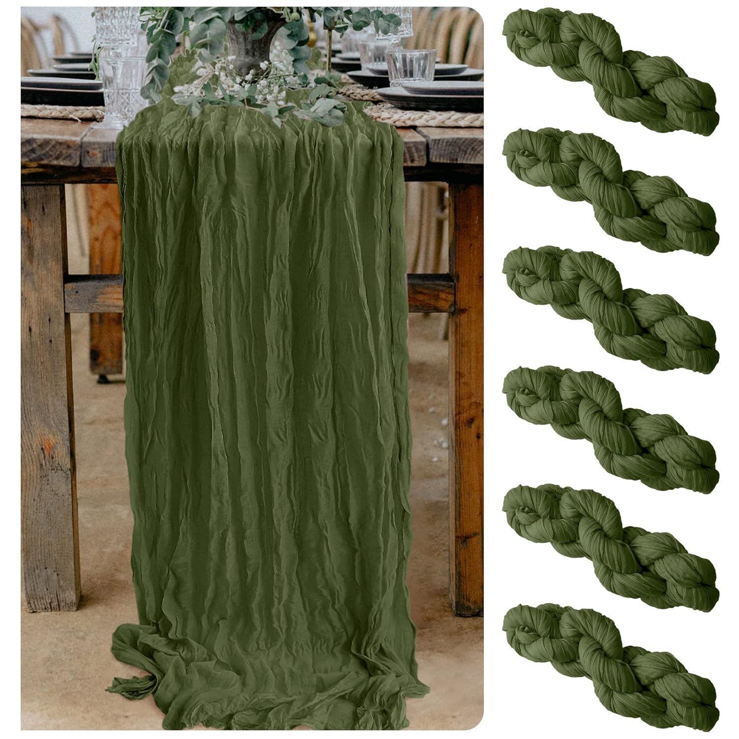 Mint Green Cheesecloth Table Runner 6 Pack 35" Boho Gauze Runner 120 inches Long Tablecloth Runner Rustic Sheer Fabric Bulk for Baby Shower Wedding Bridal Birthday Party Table Decorations