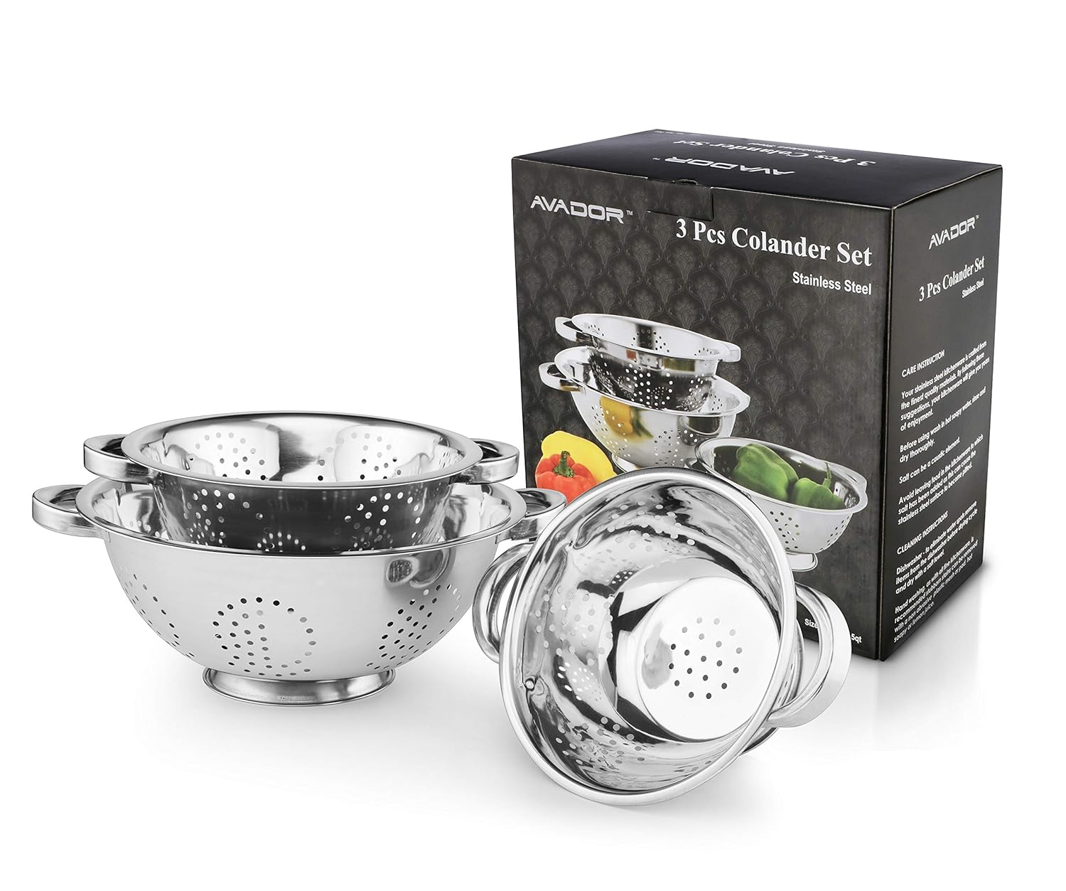 AVADOR Set of 3 Stainless Steel Colanders, Comes in 1. 3 and 5 Quart for all your Cooking | Baking | Prepping Needs