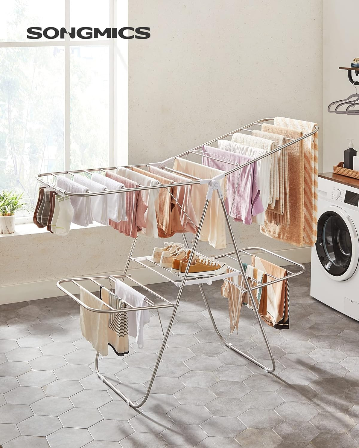SONGMICS Clothes Drying Rack, Foldable 2-Level Laundry Drying Rack, Free-Standing Large Drying Rack, with Height-Adjustable Wings, 33 Drying Rails, Sock Clips, Silver and White ULLR053W01