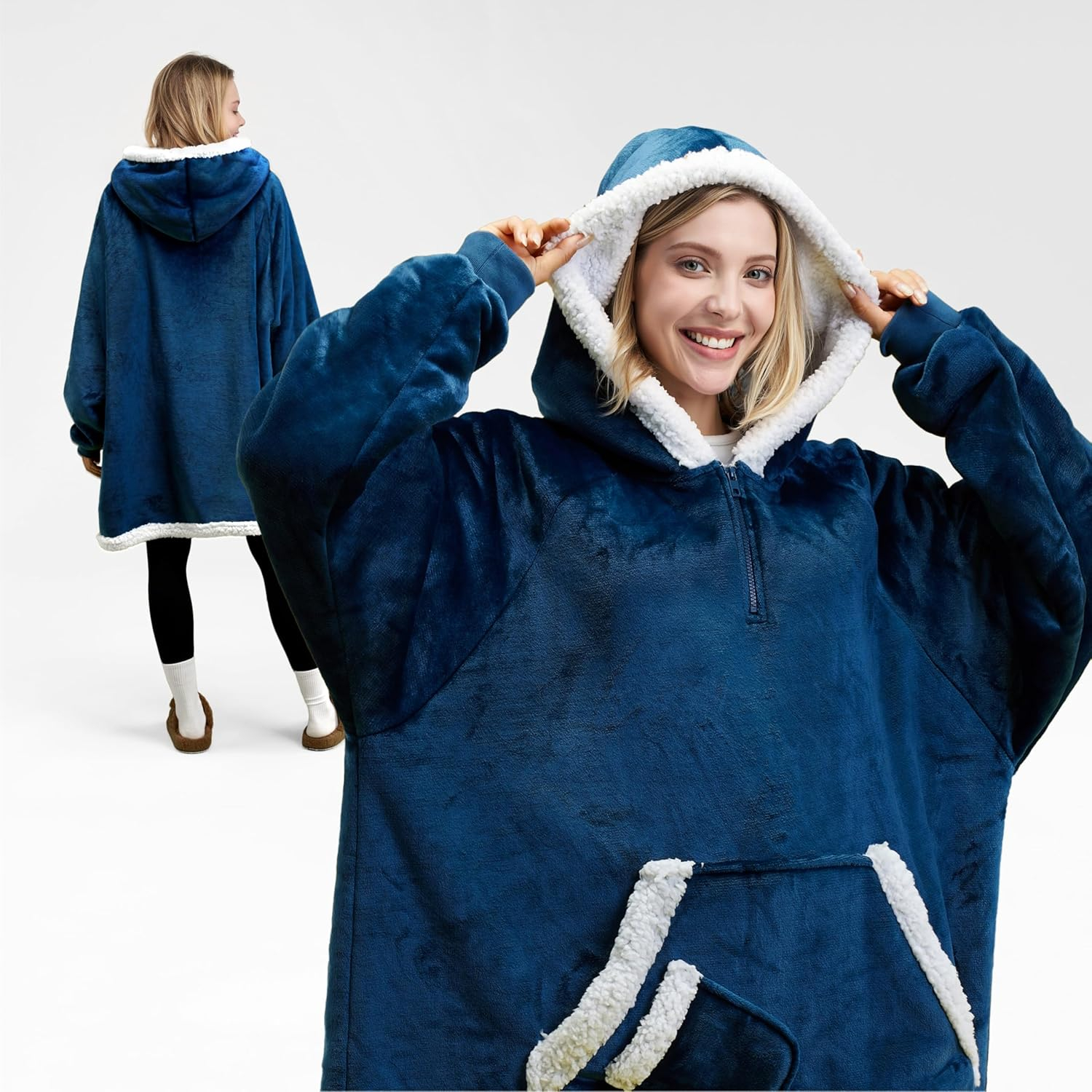 Giggling Getup Wearable Blanket Hoodie for Women Men - Oversized Flannel Sherpa Fleece Hooded Blanket - Soft Cozy Warm Blanket Sweatshirt Gifts with Giant Pocket and Sleeves for Adult Navy