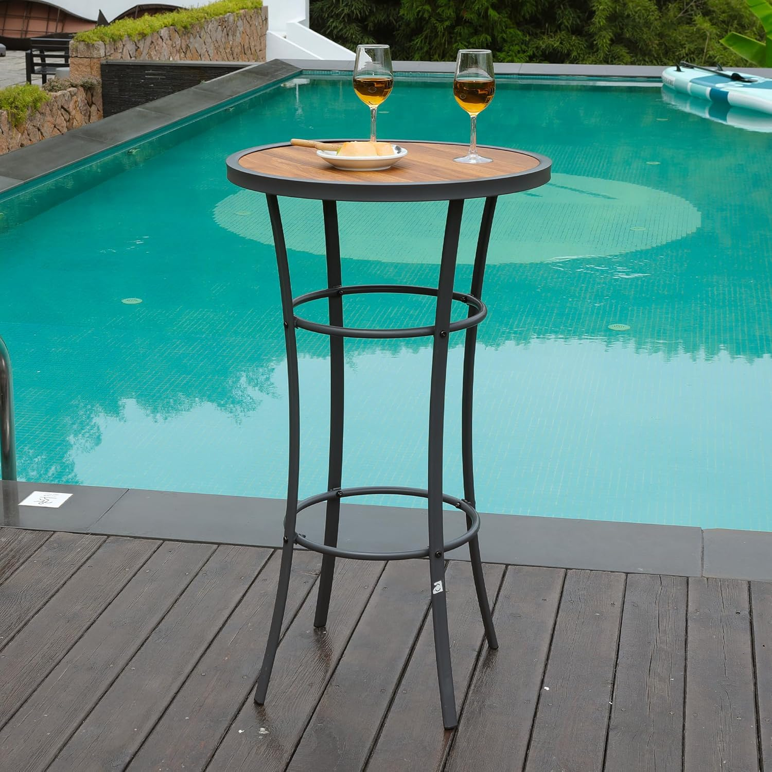 40 in. Outdoor Bar Height Bistro Table with Wood-Like Tabletop and Metal Frame-Weather-Resistant Patio Pub Table