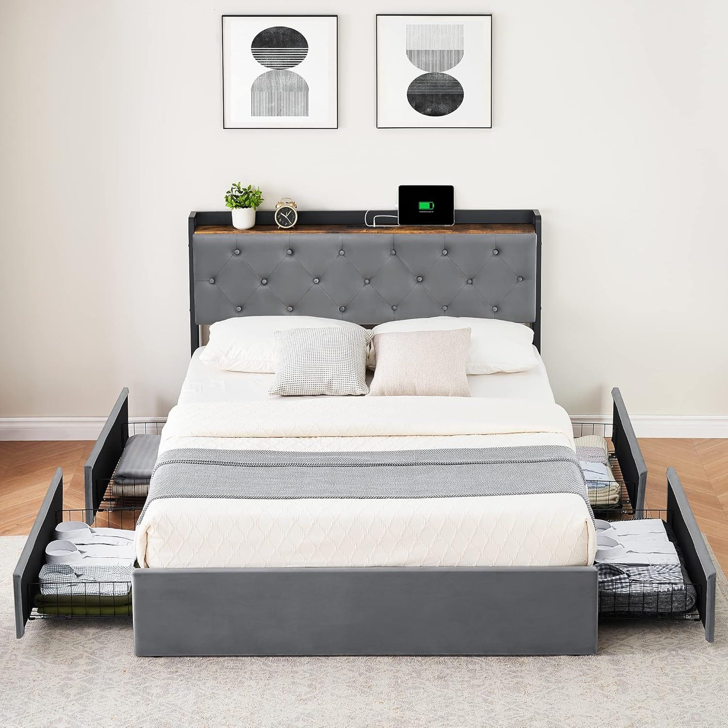 GarveeHome Full Size Bed Frame with 4 Storage Drawers and Charging Station, Upholstered Velvet Platform Bed Frame with Storage Headboard and Sturdy Wooden Slats Support, No Box Spring Needed