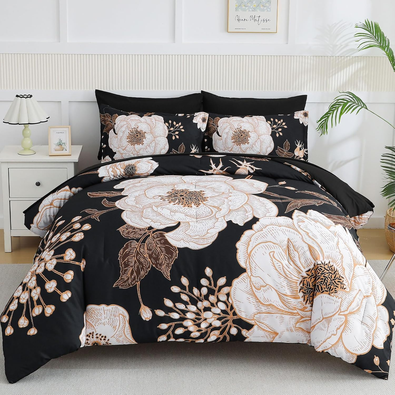 DANTUL 7 Piece Bed In A Bag Queen Comforter Set Botanical Floral Bedding Set,White Flowers Leaves Printed On Black Reversible Design,Soft Microfiber Comforter With Sheet Set,All Season