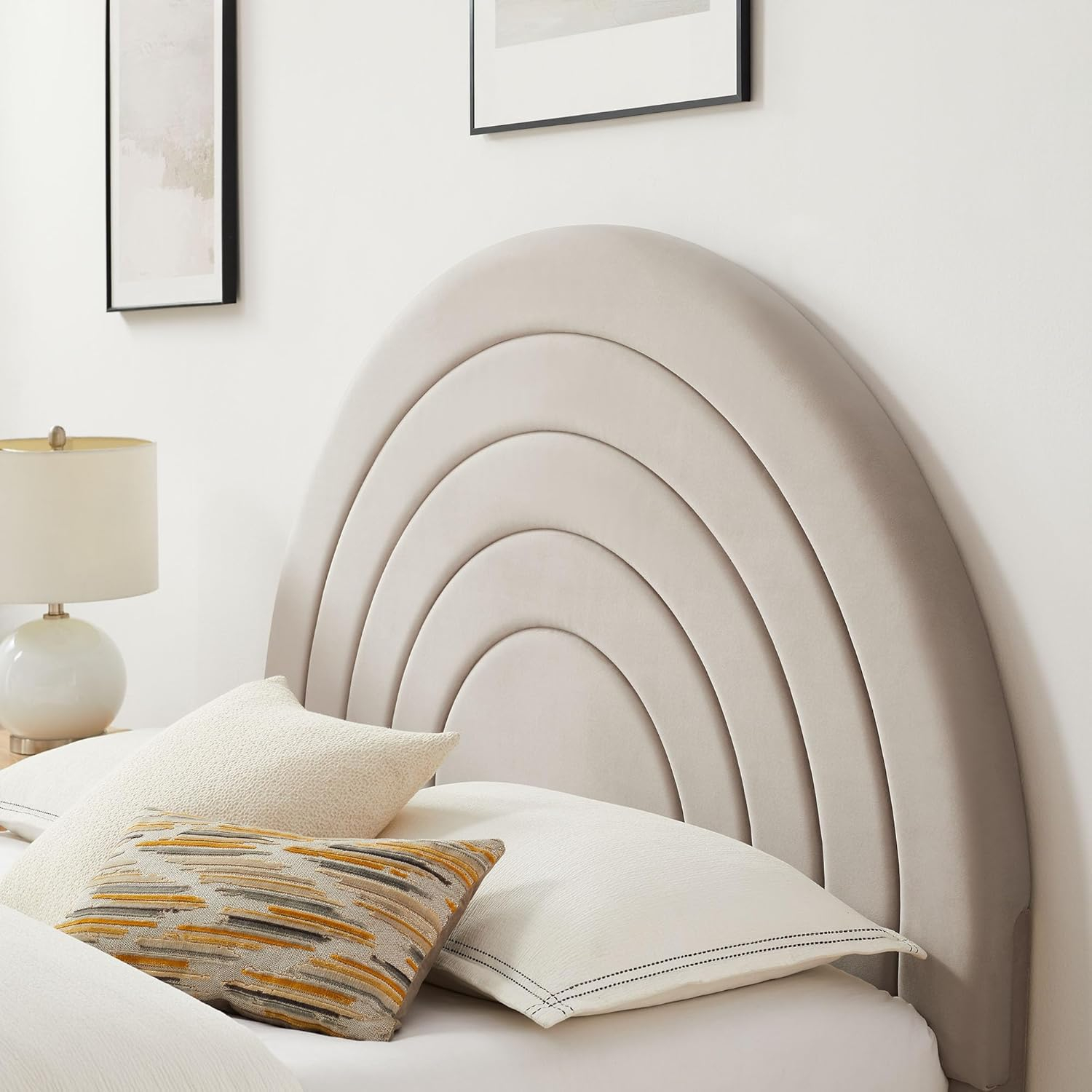Almond Velvet Full Platform Bed with Arched Upholstered Headboard