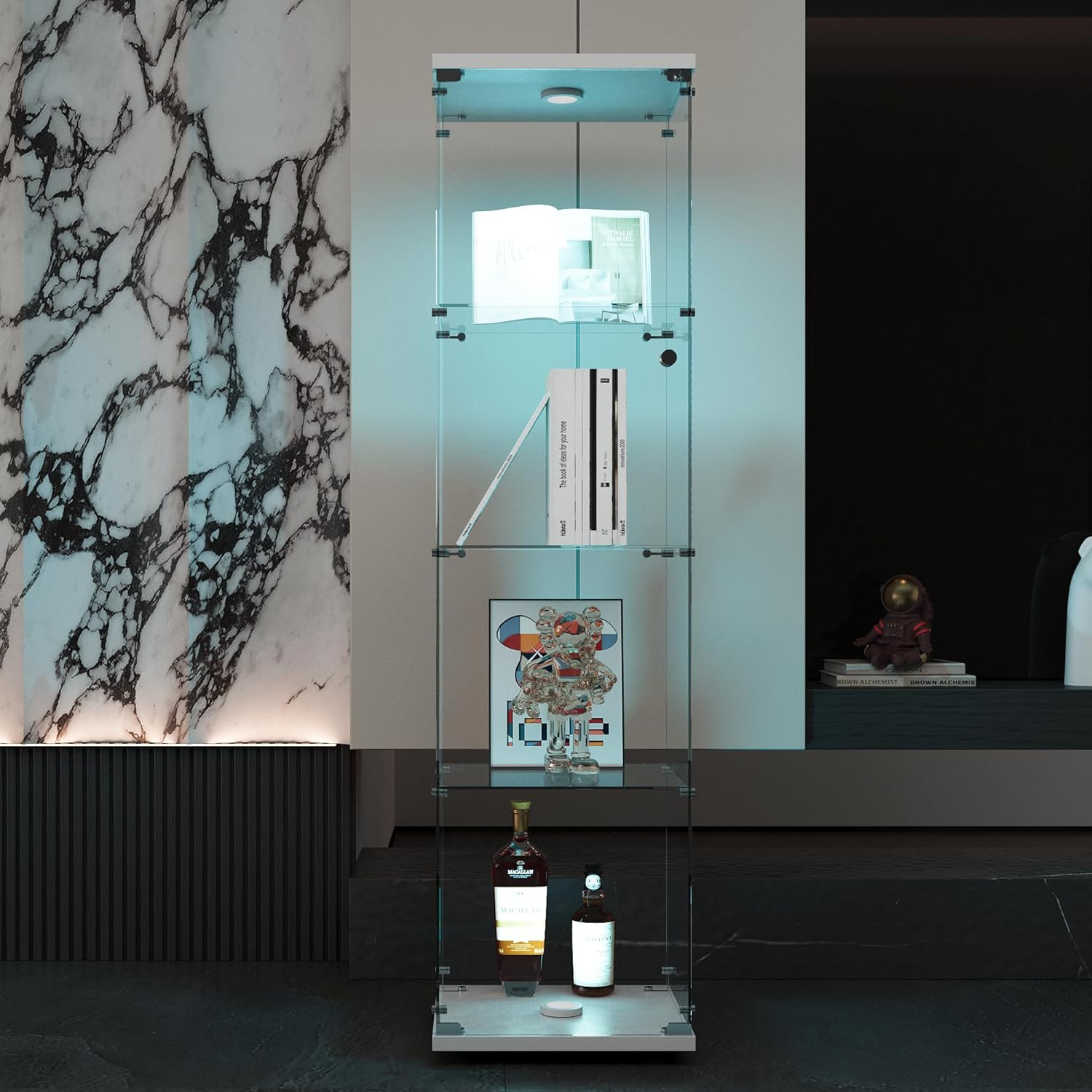 Glass Display Cabinet with LED Light,4 Tier Shelf Glass-Door Cabinet in Clear,Floor Standing Curio Cabinets Collection Display Case Glass Bookshelf