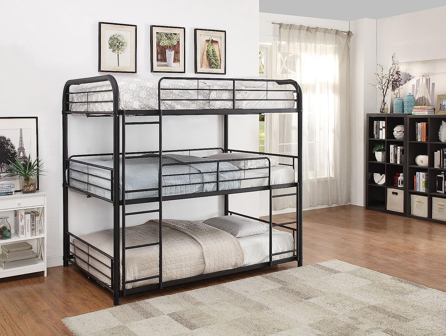 Triple Layer Twin Size Metal Bunk Bed with Attached Ladder, Black- Saltoro Sherpi