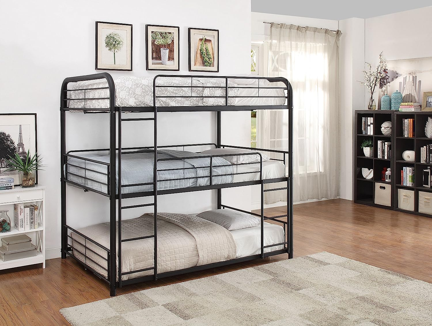 Triple Layer Twin Size Metal Bunk Bed with Attached Ladder, Black- Saltoro Sherpi