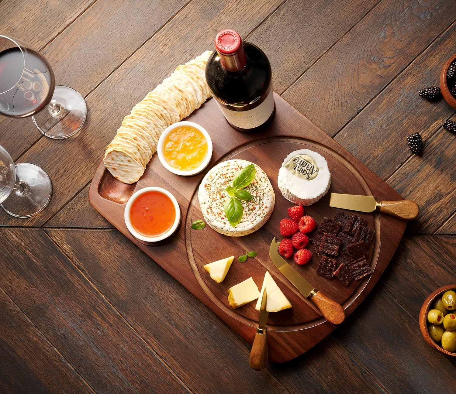 Acacia Wood Cheese Board Set with Acrylic Dome and Dip Bowls