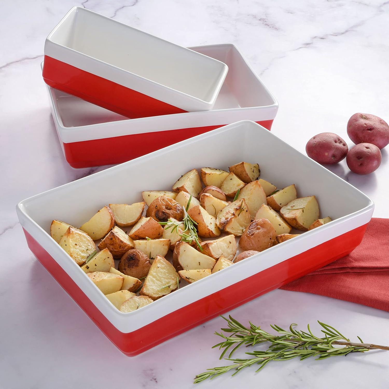 3-Piece Rectangular Stoneware Nesting Baker Set in Red
