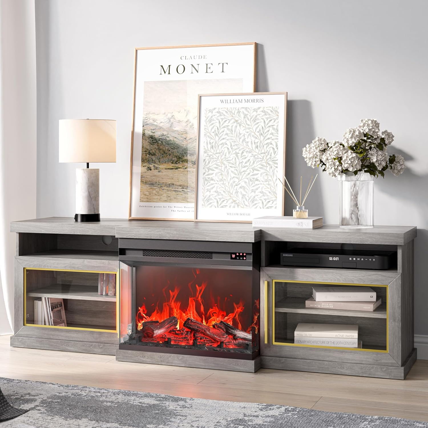 BELLEZE 68" TV Stand with 23" Electric Fireplace, Entertainment Center for TVs Up to 75", Glass Door Storage Cabinet with 3-Side Glass Display Fireplace for Living Room, Bedroom - Bardot (Grey)
