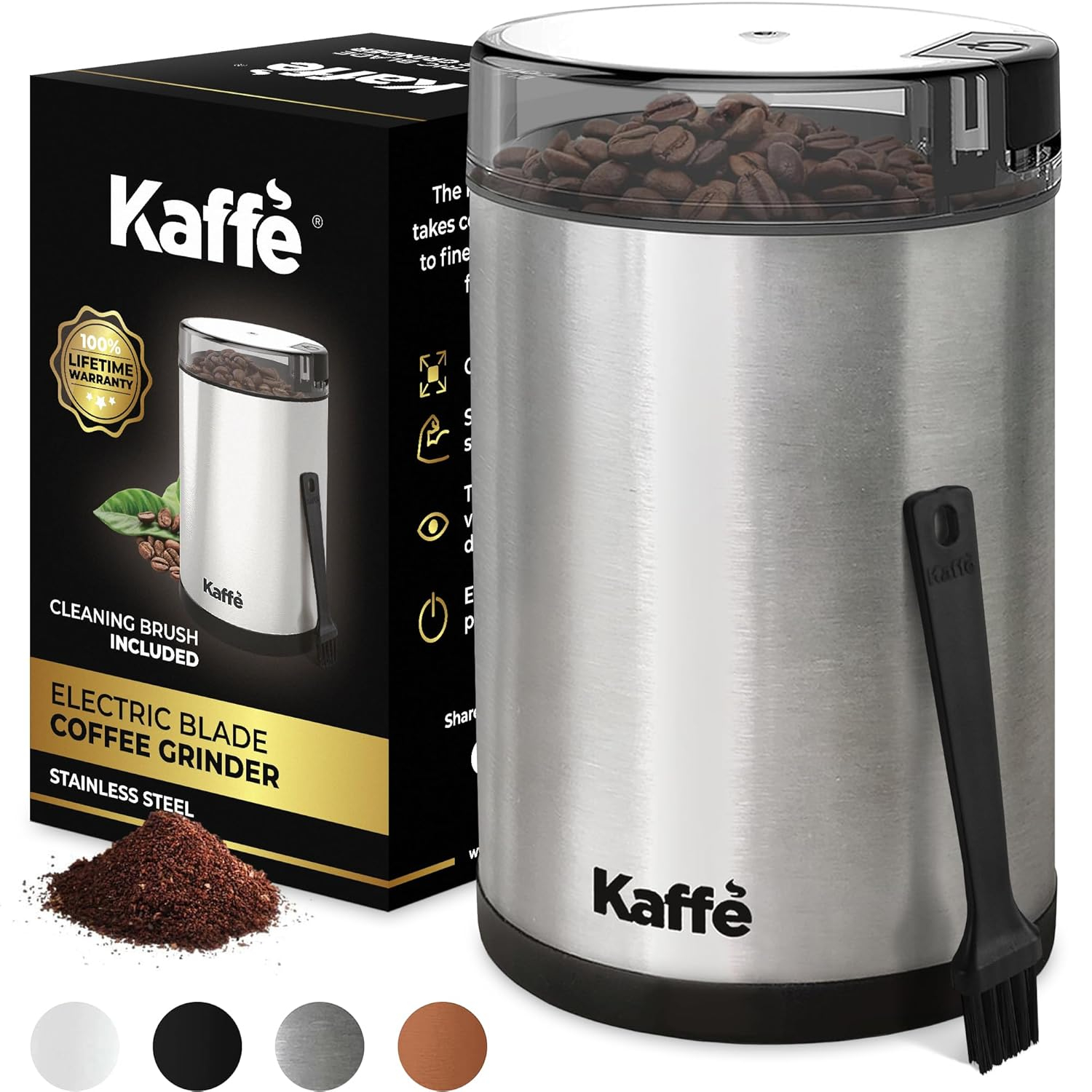 Kaffe One-Touch Coffee Grinder Electric w/Cleaning Brush (3 oz) - Stainless Steel - Coffee Grinders for Home Use - Up to 12 Cups of Coffee per Grind - Easy On/Off Coffee Bean Grinder - Silver