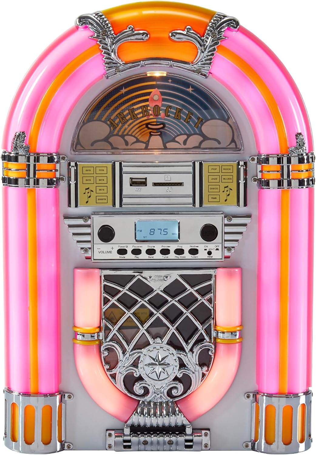 Arkrocket Athena Mini Jukebox/Tabletop CD Player/Bluetooth Speaker/Radio/USB and SD Card Player with Retro LED Lighting System (Pink White)