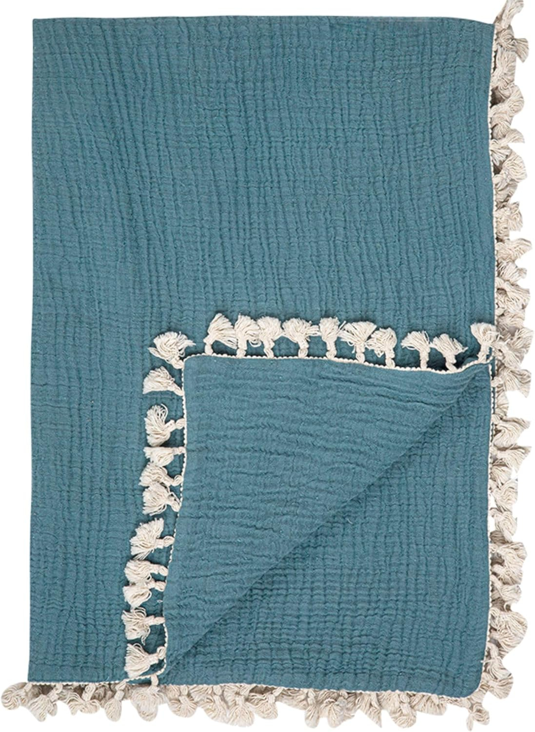 Riverstone Blue Cotton Muslin Baby Blanket with Fringe Trim
