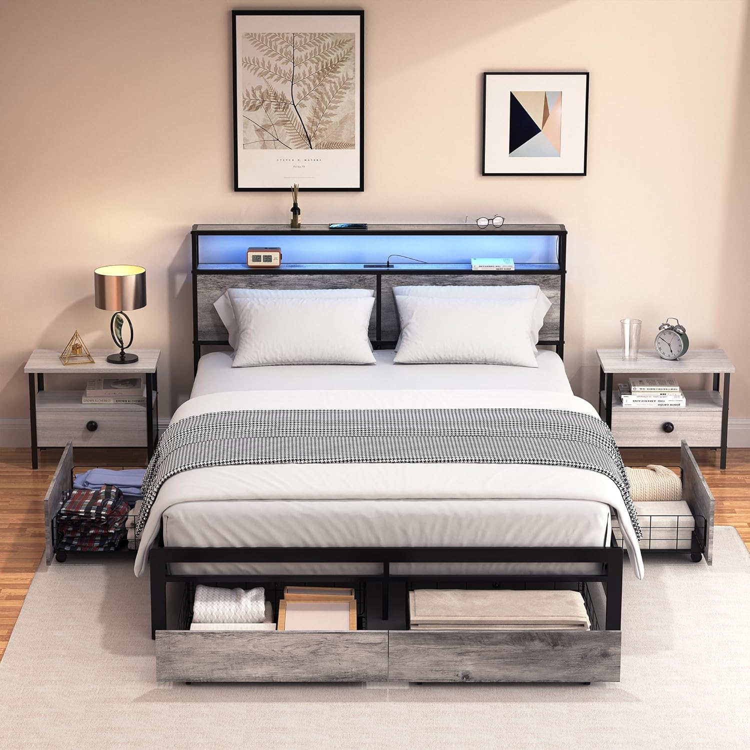 Full Size Gray Metal Bed Frame with LED Headboard and Storage Drawers