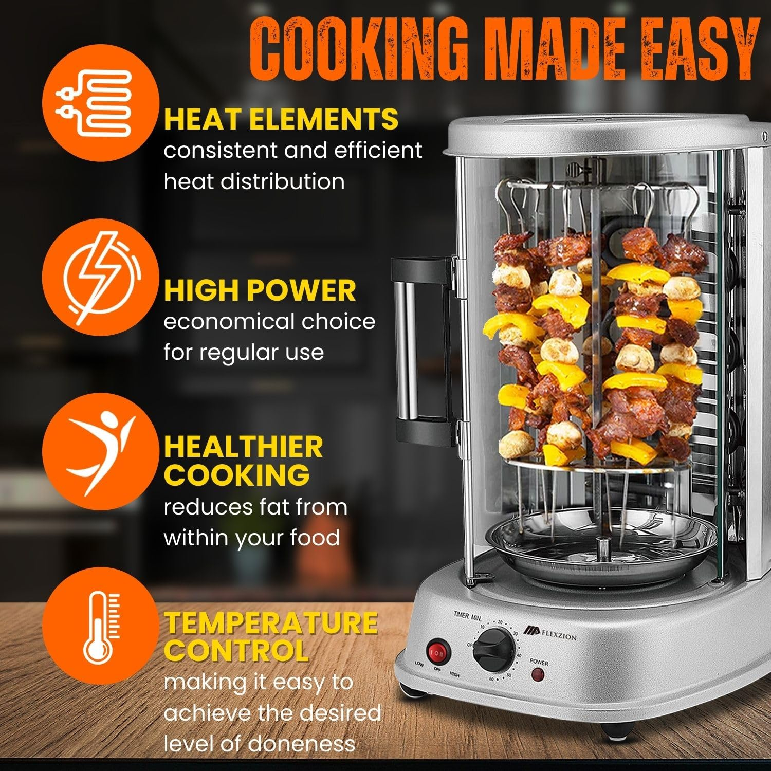 Vertical Tower Rotating Rotisserie Oven Grill - Shawarma Kebab Electric Cooker Machine Countertop w/ Stainless Doner Kebab Skewers & Rack Accessories Stain Resistant 5 in 1 for Professional & Home Use