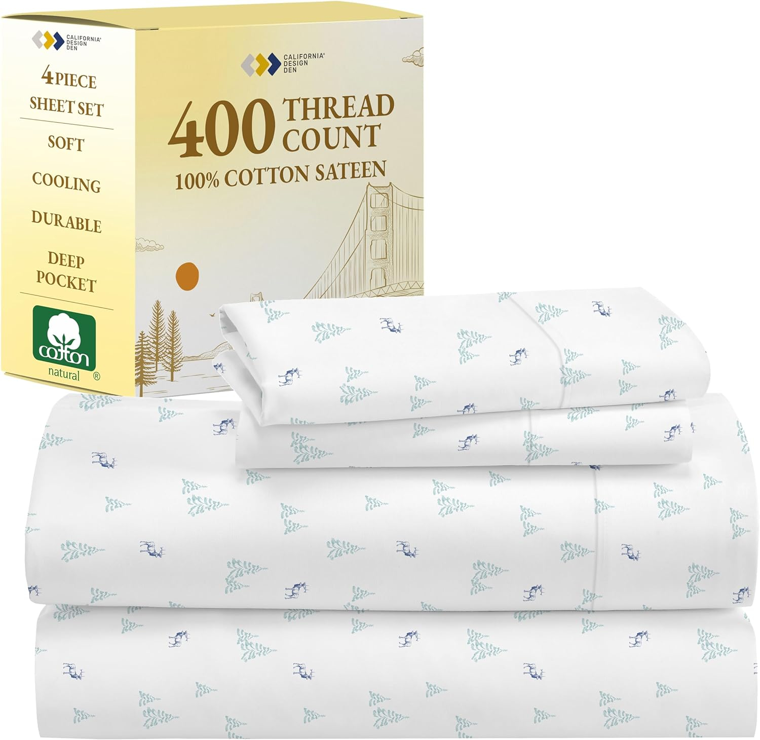 California Design Den Queen Sheet Set - 400 Thread Count Queen Sheets, 100% Cotton Sateen, Deep Pocket Bedding Sheets, Cooling and Breathable 4 Piece Queen Sheets Set - Lodge Camp Print