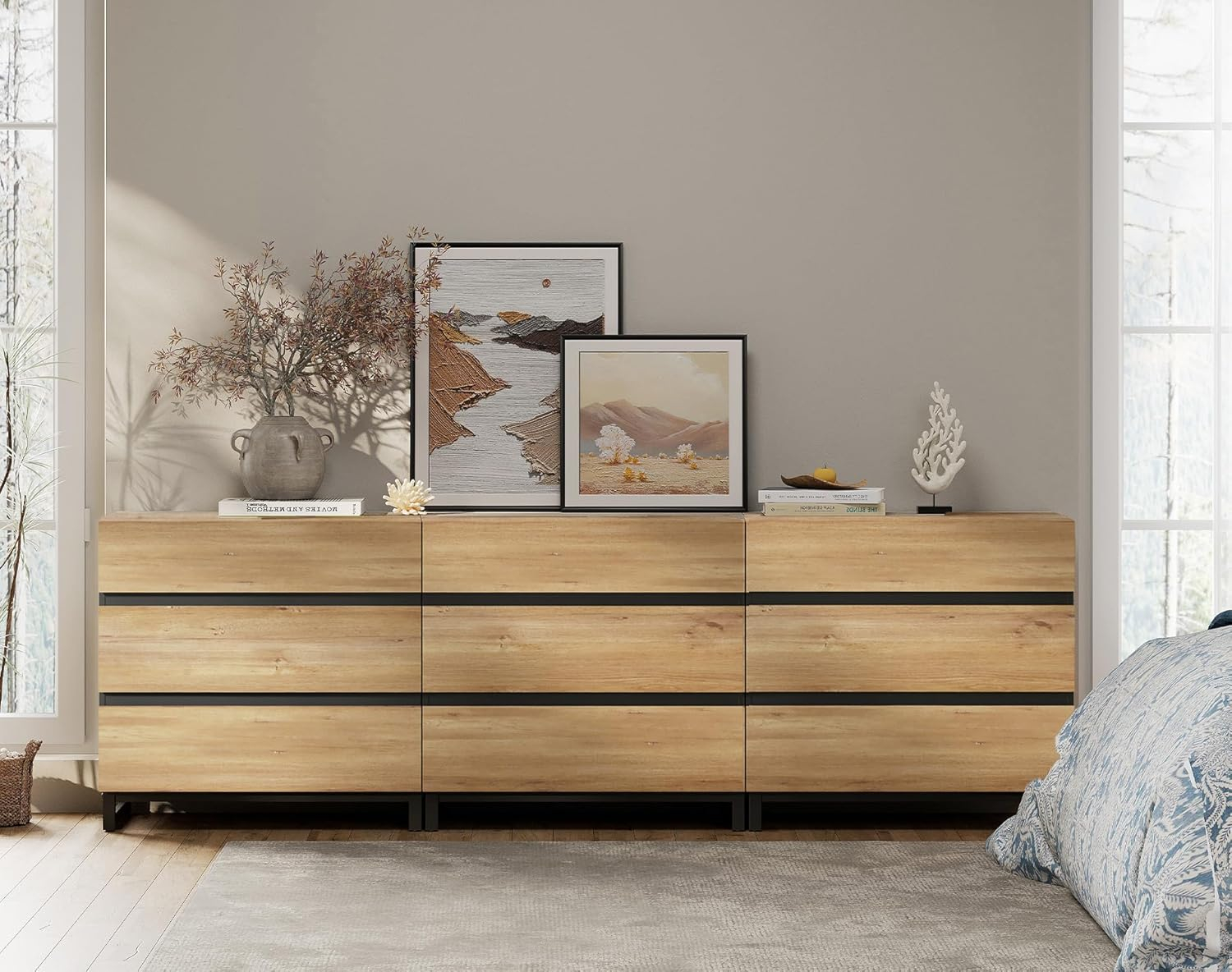 WAMPAT Dresser for Bedroom, Closet Organizers and Storage with 9 Drawers, Chest of Drawers with Metal Base, Wooden Modern Dresser for Living Room, Bedroom, Entryway, Oak