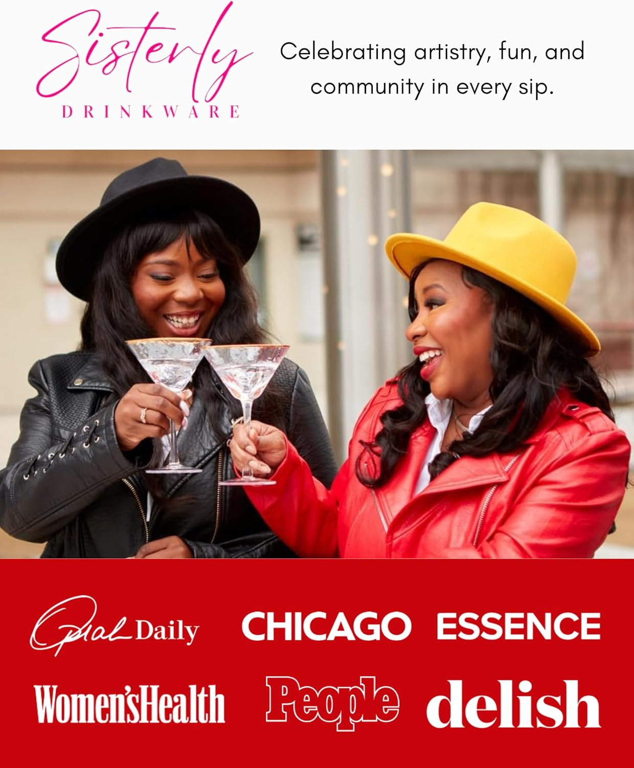 Sisterly Drinkware Clear Hammered Martini Glasses Set of 2 – Handmade Gold Rim Cocktail Glasses with 2 Gold-Plated Picks & 2 Coasters – 8 oz Elegant Barware for Martinis, Cocktails & Mocktails