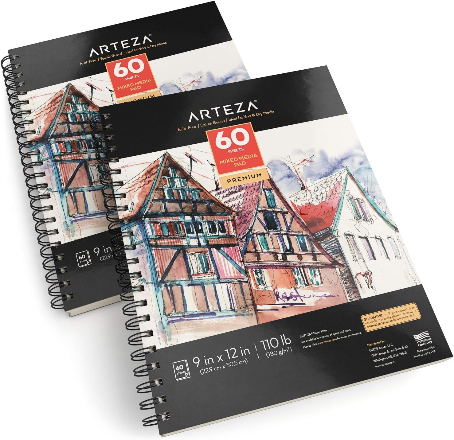ARTEZA Mixed Media Sketchbook, 9 x 12 Inches, Pack of 2, 60 Sheets Each, Spiral-Bound Drawing Paper Pad for Wet and Dry Media C57