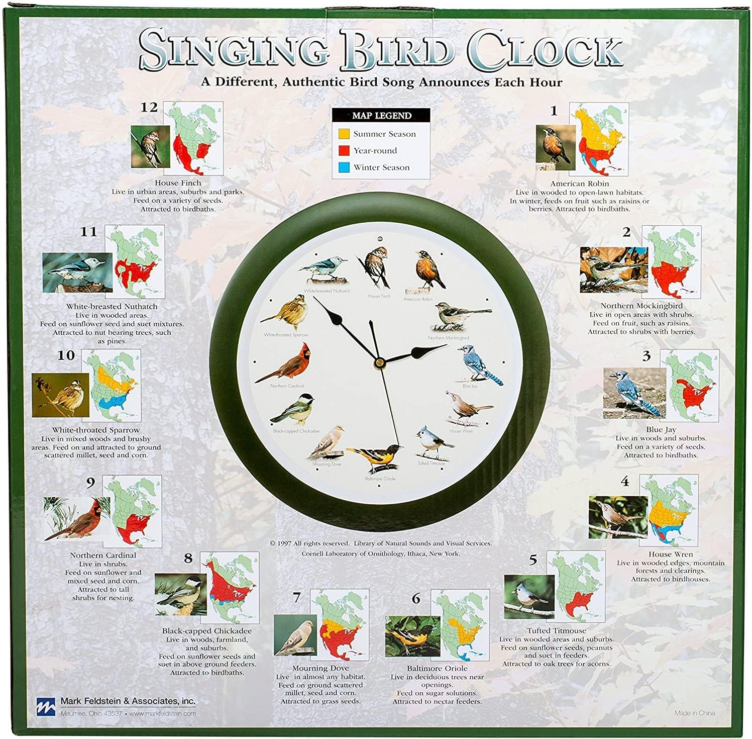 Mark Feldstein and Associates Original Singing Bird Wall Clock, 13 Inch (Black)