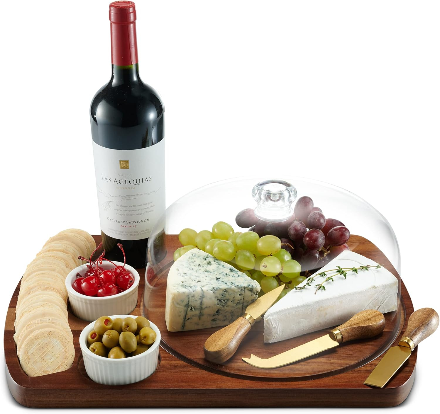 Acacia Wood Cheese Board Set with Acrylic Dome and Dip Bowls
