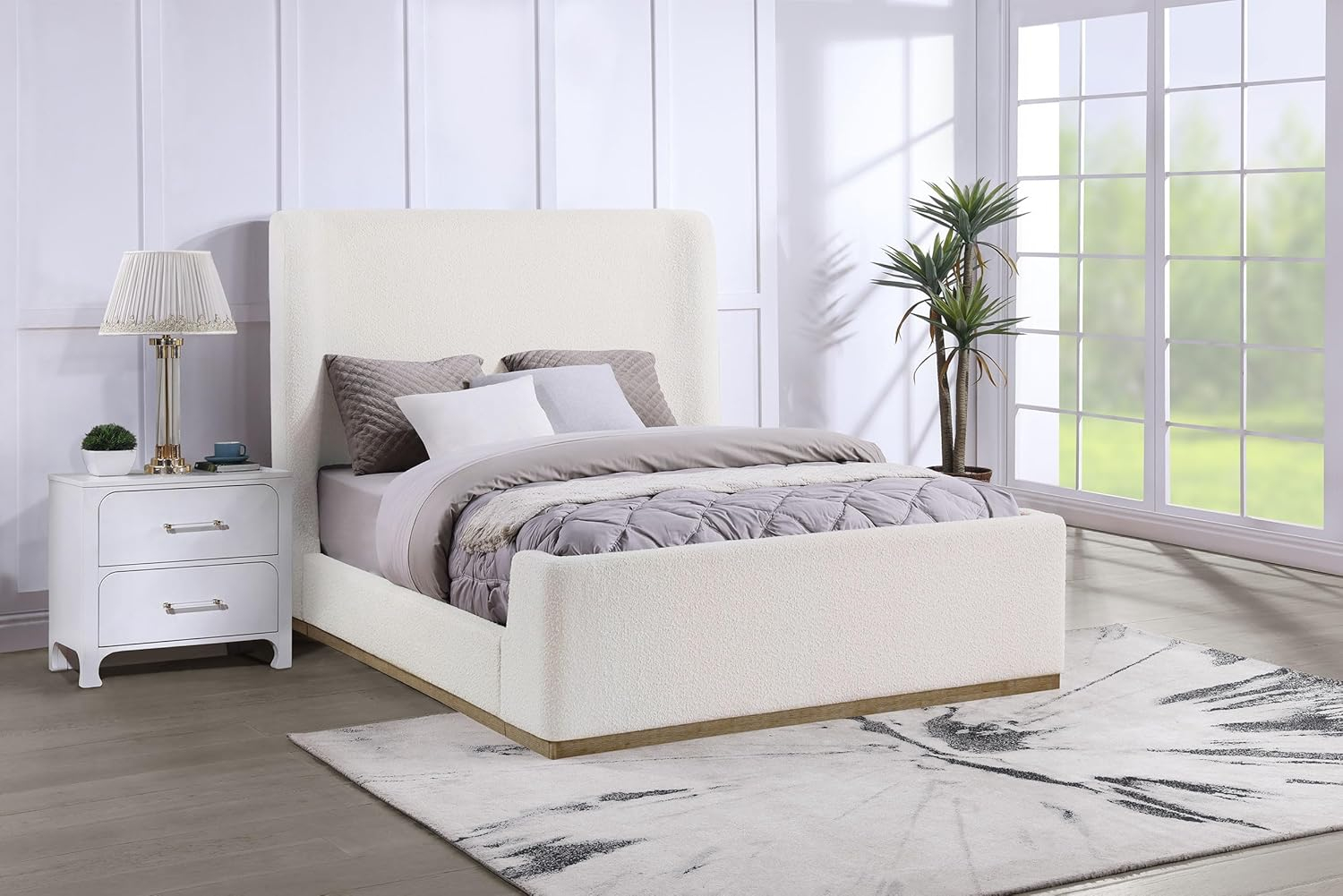 Cream Boucle Upholstered King Platform Bed with Wingback Headboard