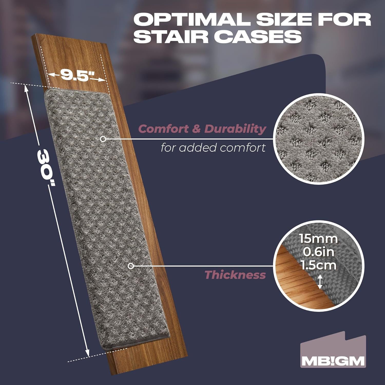 MBIGM Bullnose Carpet Stair Treads for Wooden Steps, Non-Slip Indoor Stair Runner w/ TPU Backing & Steel Reinforcement, Dark Gray Lattice, 14 Pack