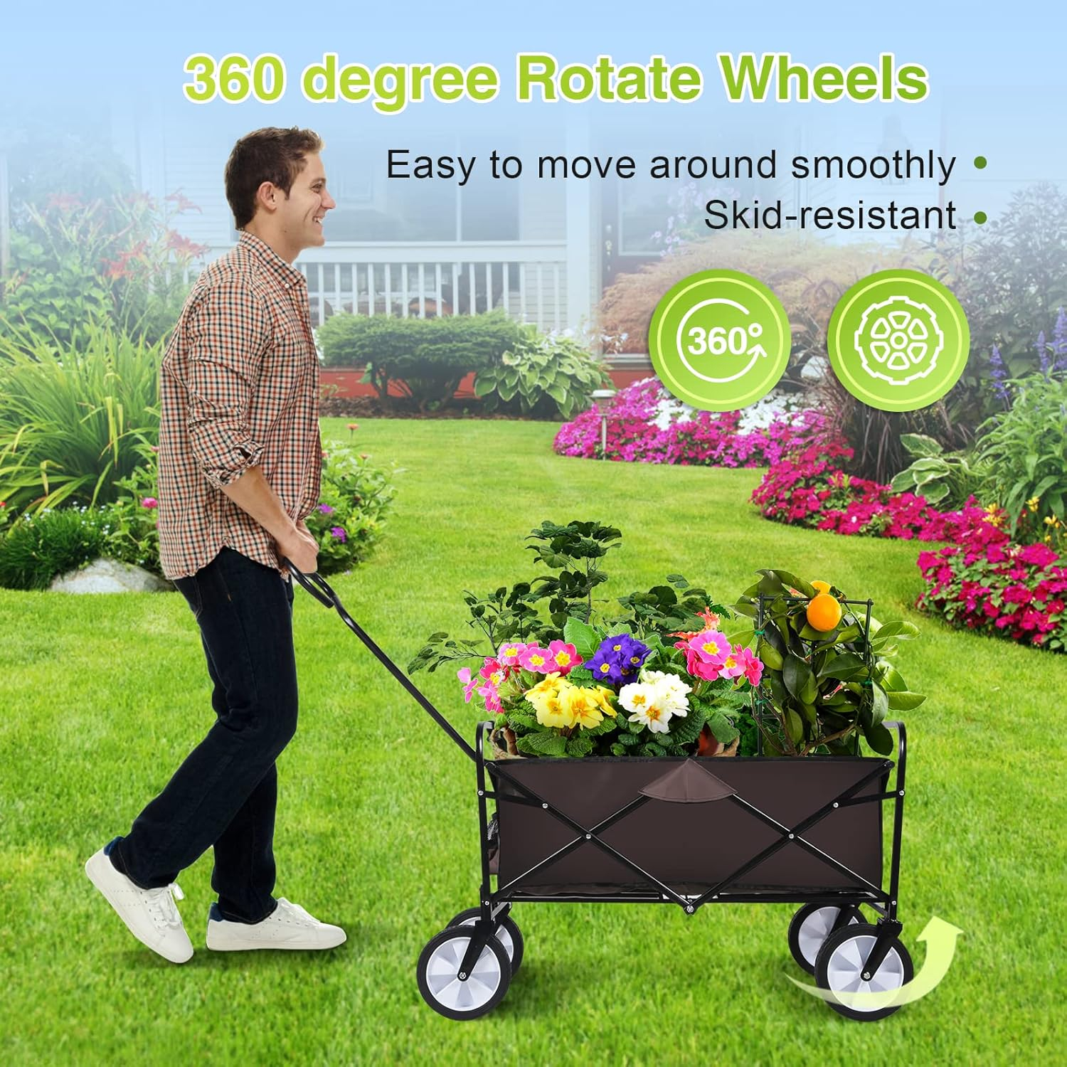 Brown Collapsible Garden Wagon with Swivel Wheels