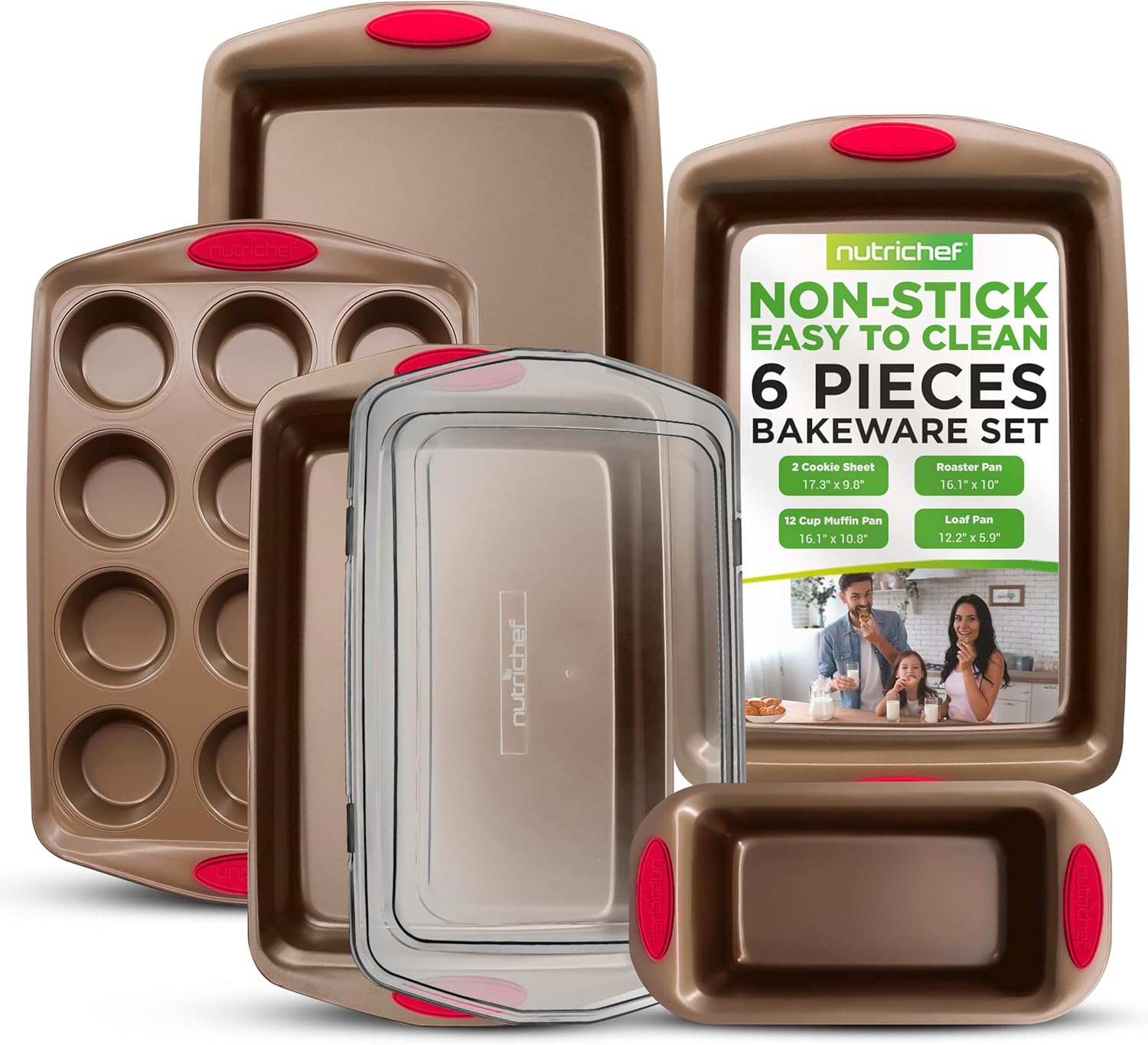 NutriChef 6-Piece Baking Pan Set Flexible Nonstick Golden Coating Carbon Steel Bakeware, Gold