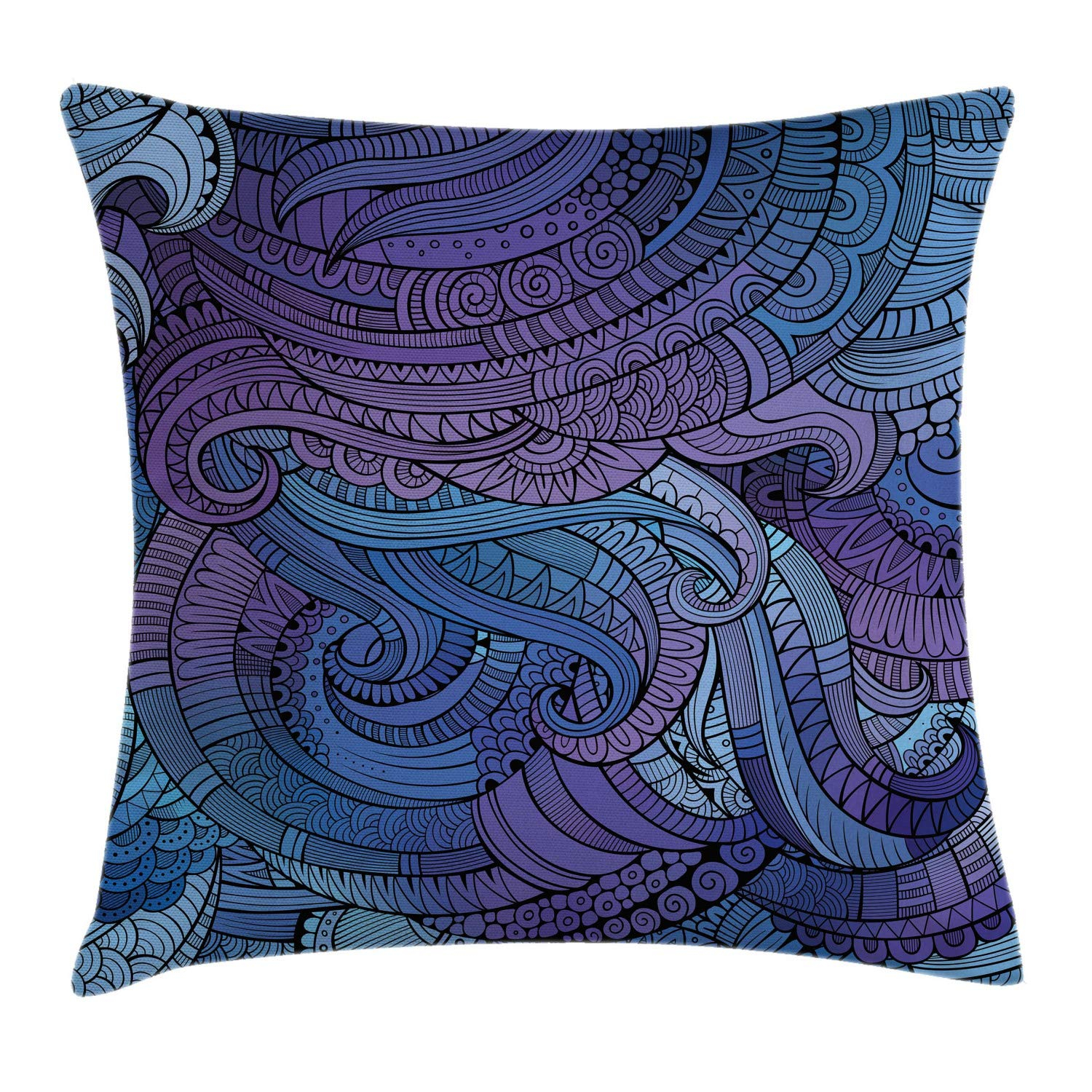 Abstract Throw Pillow Cushion Cover, Ocean Inspired Graphic Arabesque Paisley Swirled Hand Drawn Ethnic, Decorative Square Accent Pillow Case, 18 X 18 Inches, Purple Blue, by Ambesonne