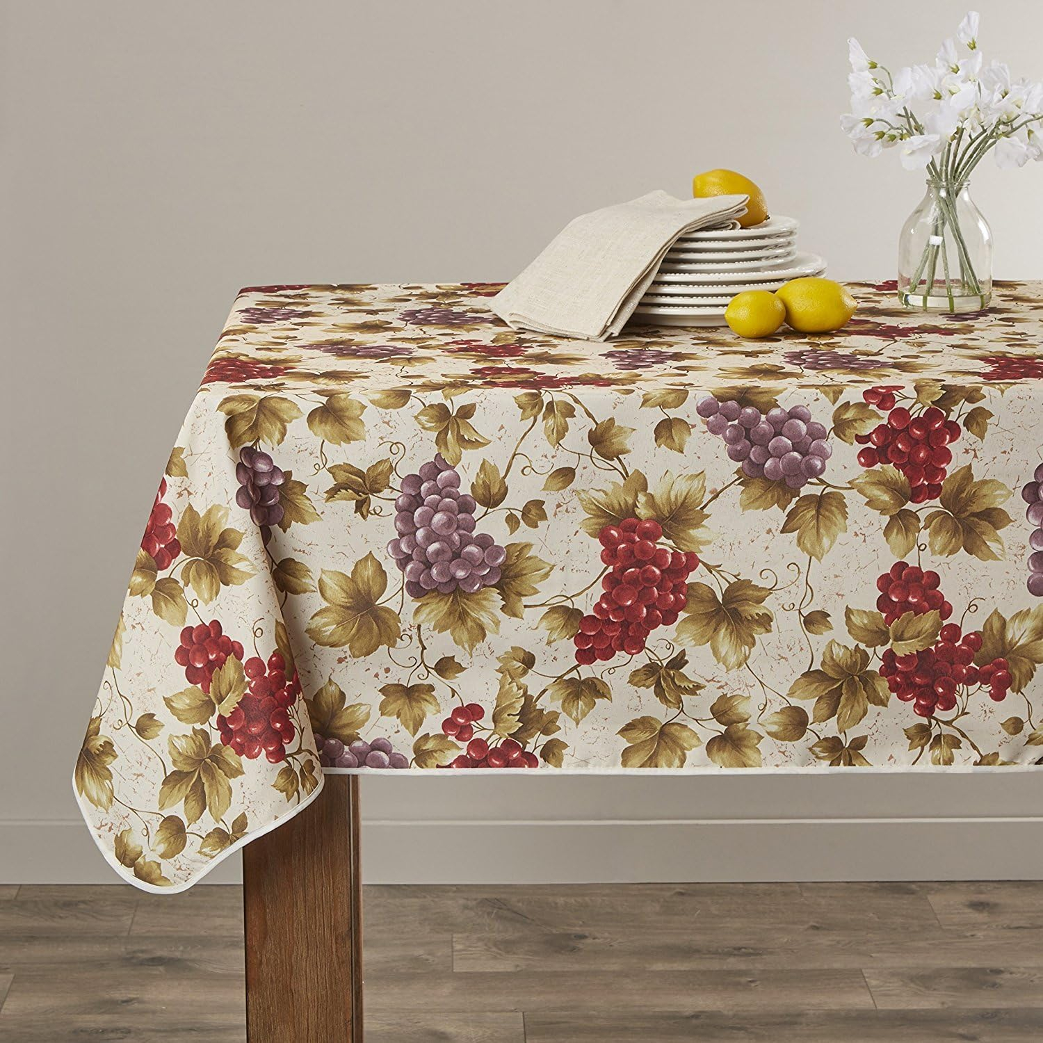 Violet Linen European Vinyard Grapes Printed Design Tablecloth, 60 in x 120 in, Beige