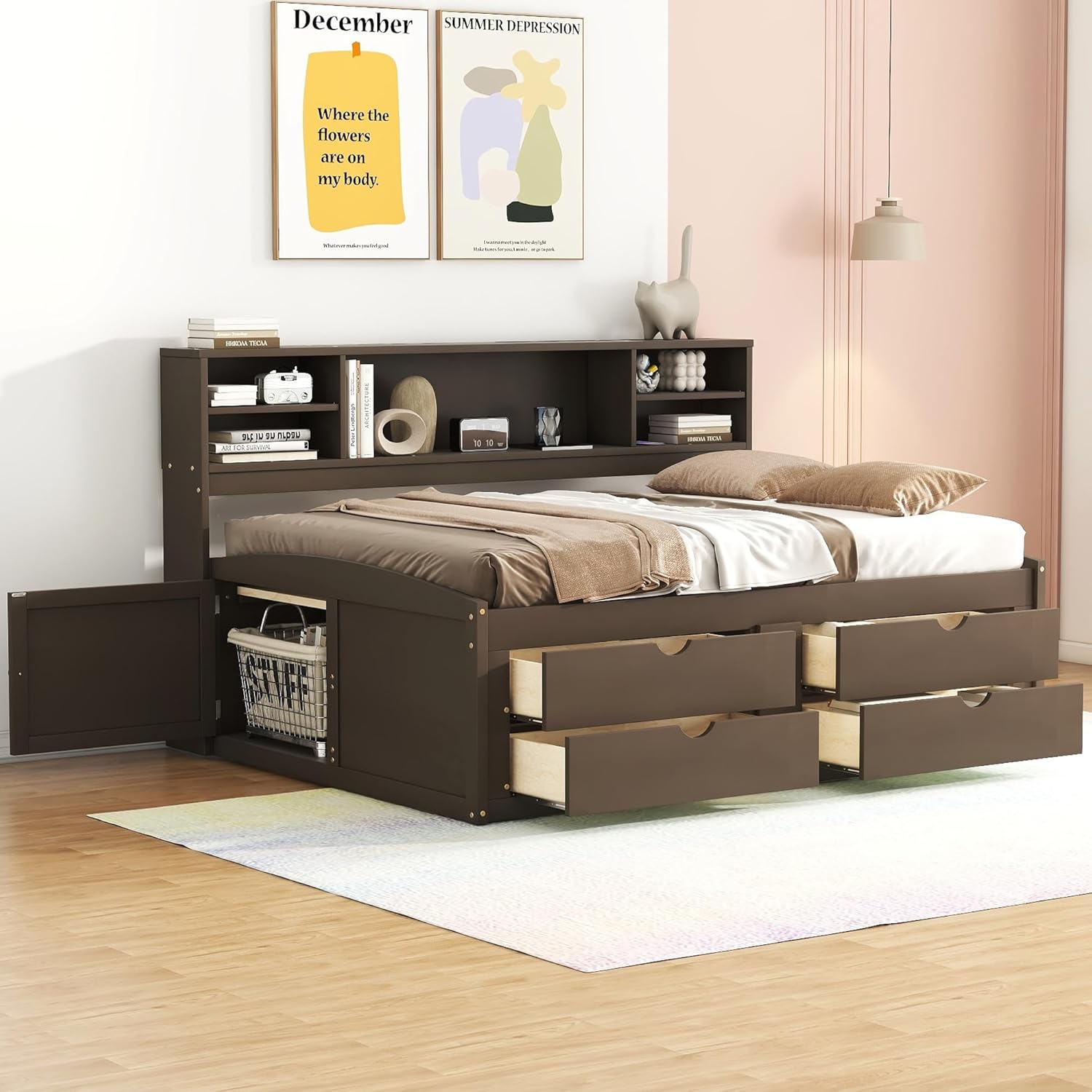 Harper & Bright Designs Full Size Storage Daybed with 4 Drawers, Bookcase and 2 Bedside Cabinets, Solid Wood Full Captain’s Bed Frame for Kids Teens Adults, No Box Spring Needed (Antique Brown)