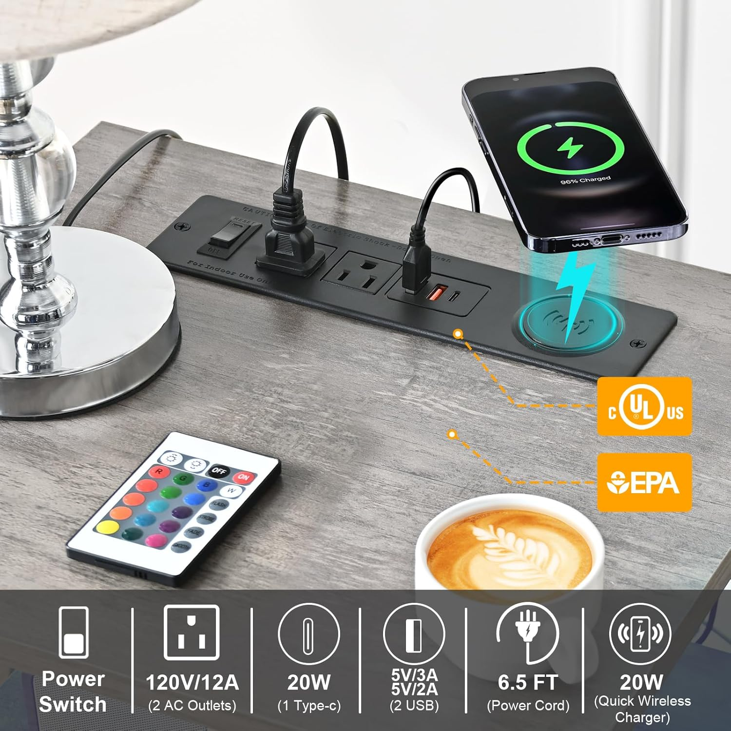 End Table Set of 2 with LED Light, Night Stand with Wireless Charger, Side Table with Storage, Grey End Tables with USB and Outlets, Bedside Table with Wood Drawers for Bedroom, Living Room