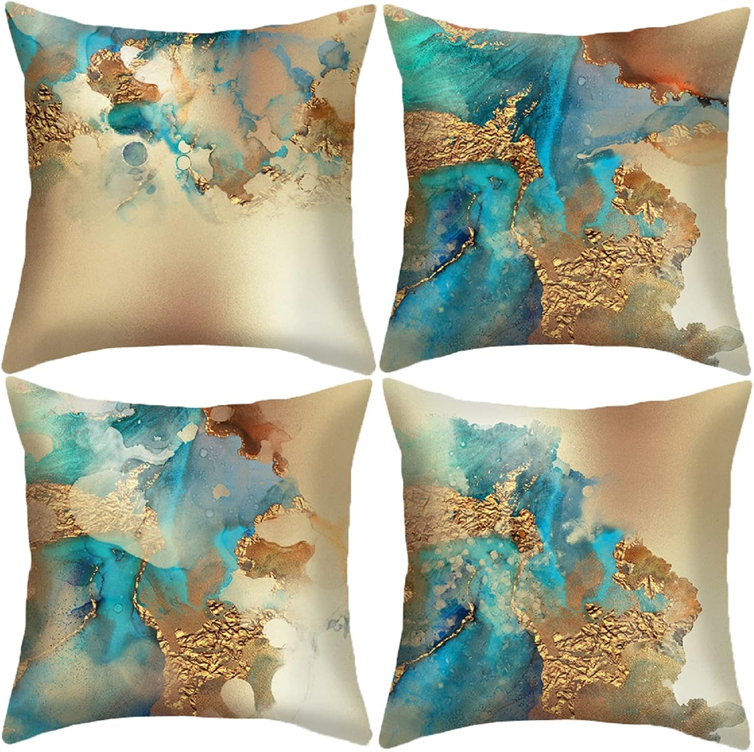 HOSTECCO Teal and Gold Throw Pillow Covers 18x18 inch Set of 4 Turquoise Gold Abstract Pillow Cases Modern Decorative Cushion Covers for Sofa Couch