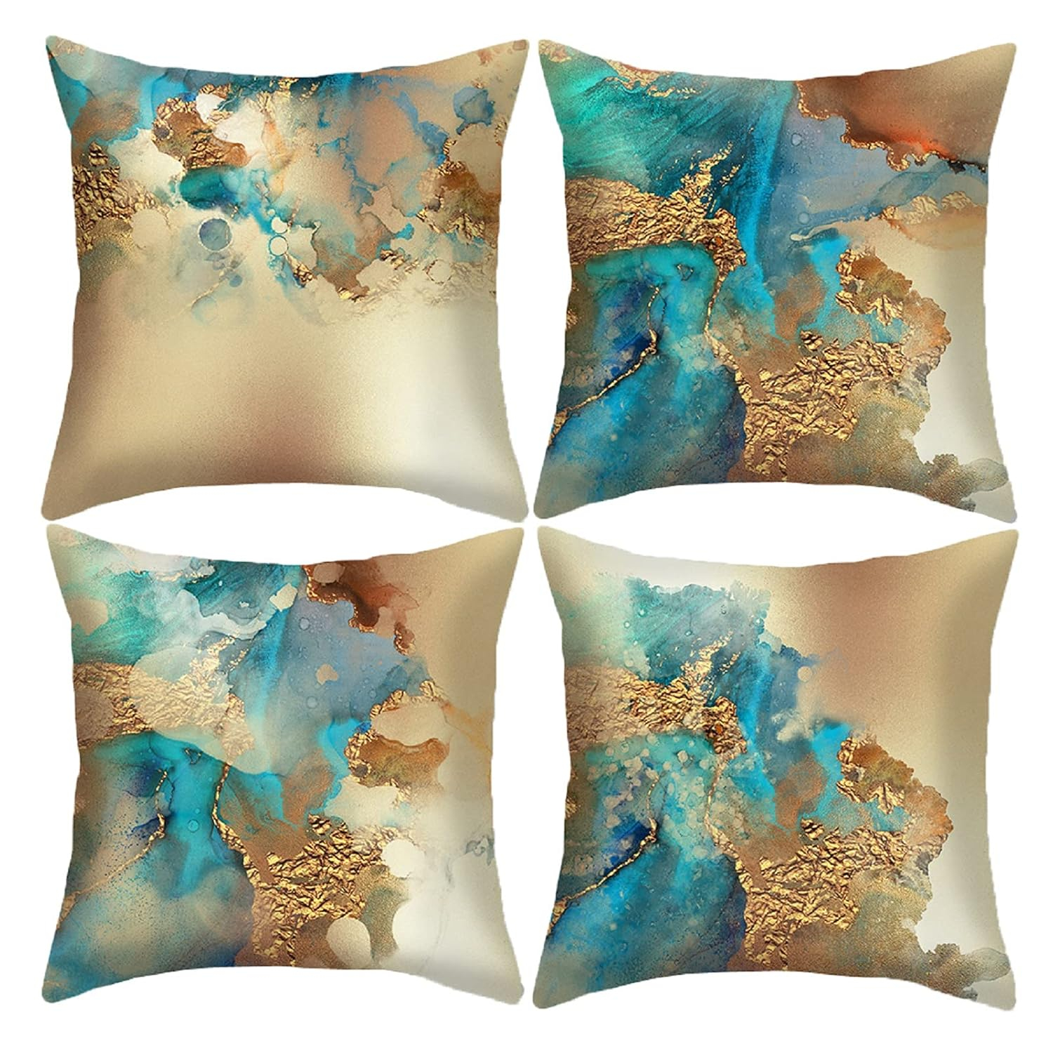 HOSTECCO Teal and Gold Throw Pillow Covers 18x18 inch Set of 4 Turquoise Gold Abstract Pillow Cases Modern Decorative Cushion Covers for Sofa Couch