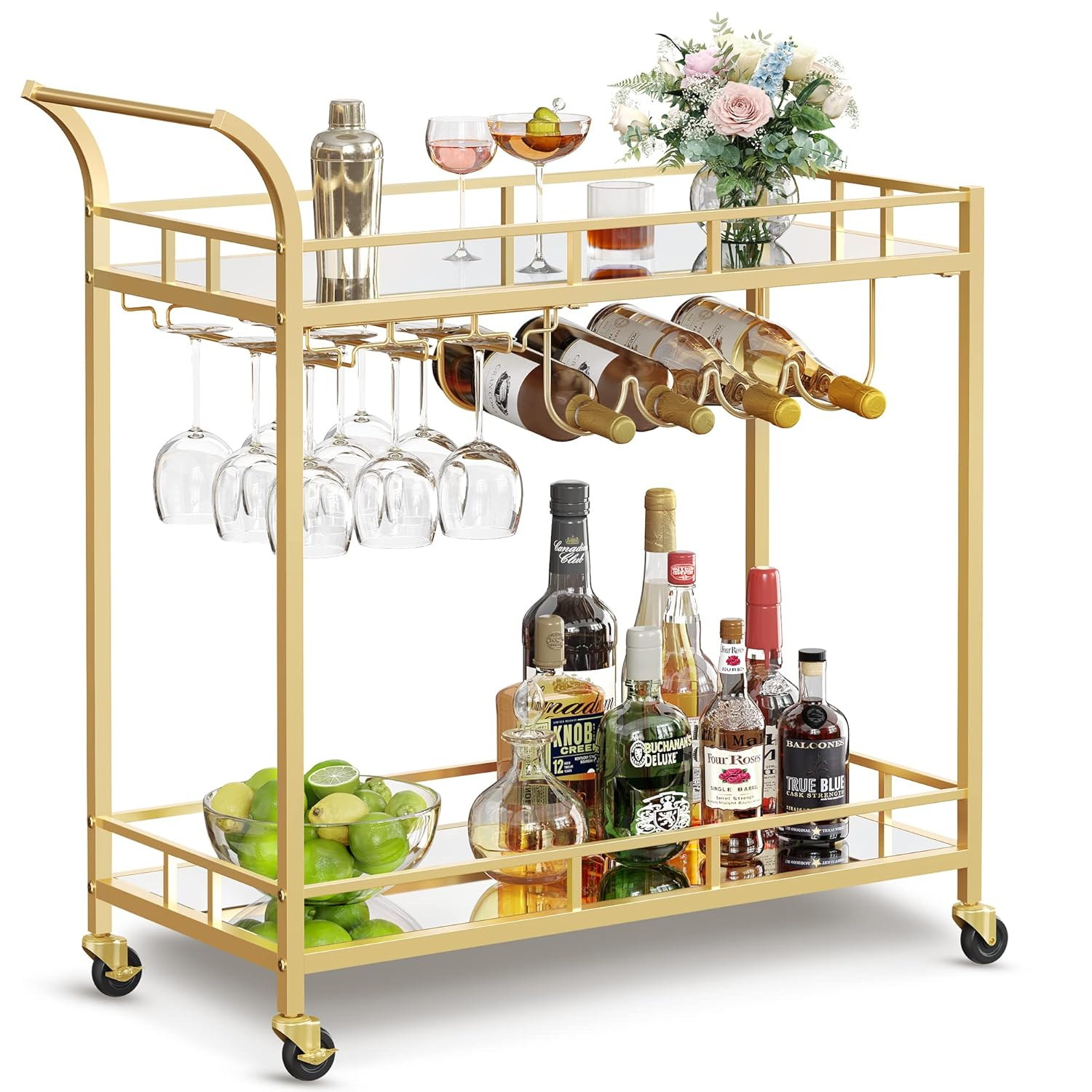 VASAGLE Bar Cart Gold, Home Bar Serving Cart, Wine Cart with 2 Mirrored Shelves, Wine Holders, Glass Holders, for Kitchen, Dining Room, Gold ULRC092A62