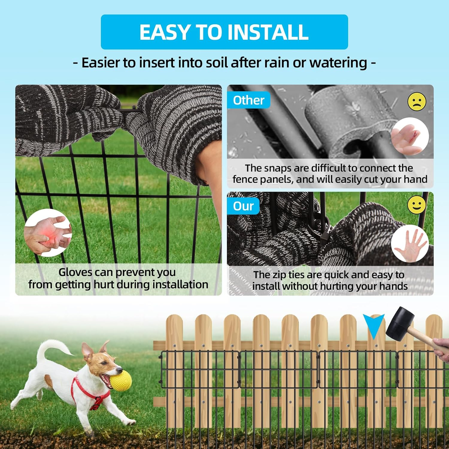 10 Panels Garden Fencing Animal Barrier, 17in (H) X 10.8ft (L) Dog Dig Fence Barrier, 1.25in Gap Rustproof Metal Stakes Decorative Garden Fence, Ground Defense Border Fence for Outdoor, Yard, Patio