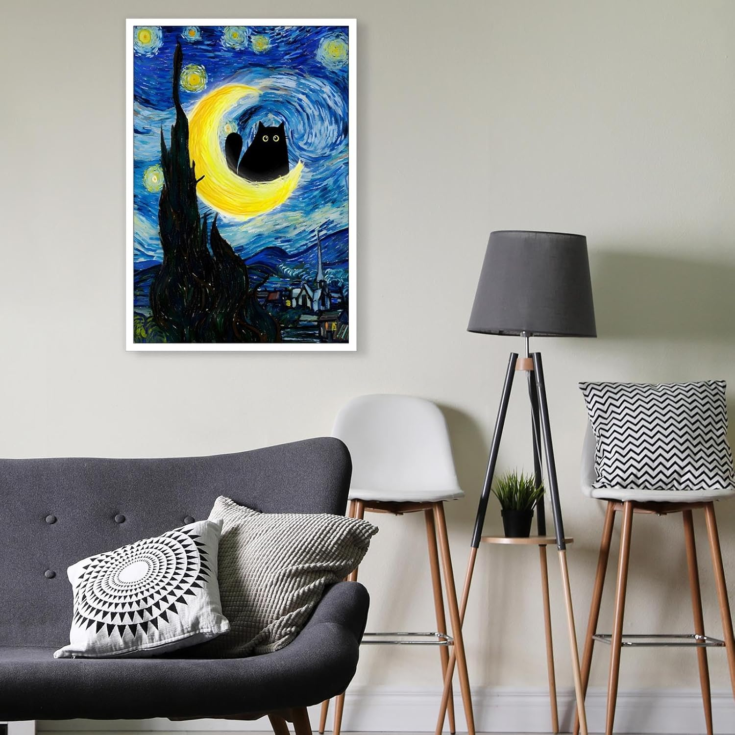 Starry Night Black Cat Canvas Wall Art 12x16