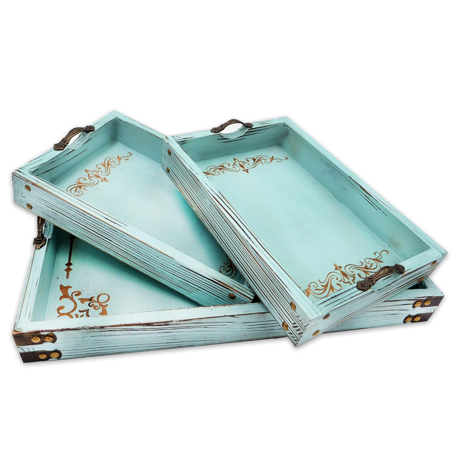 Modern 5th - Vintage Aqua Blue Rustic Wooden Serving Trays with Handles(Set of 3) Pattern Designed