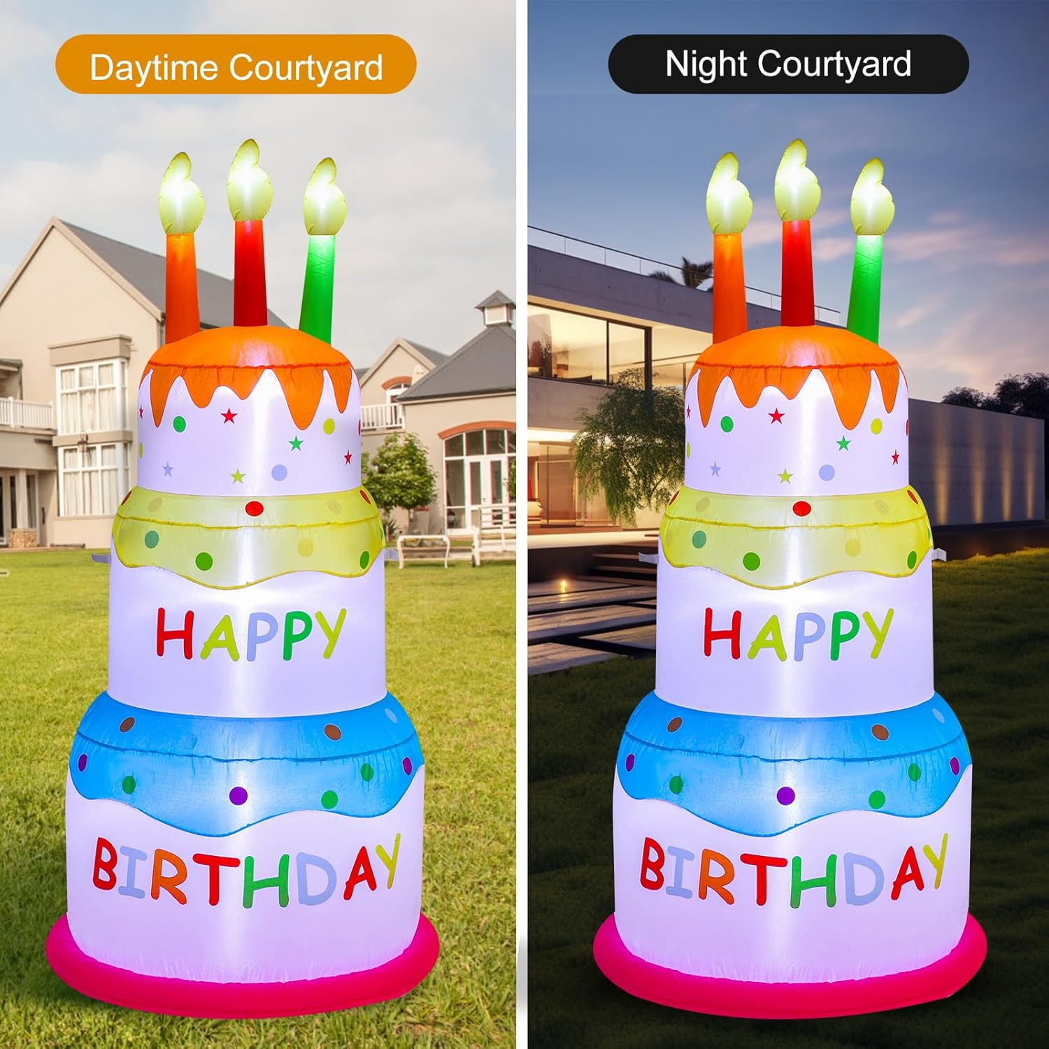 AJY 6 Feet Birthday Inflatable Happy Birthday Inflatable Cake with Candle Blow Up Inflatable Indoor Outdoor Yard Lawn Decoration Clearance