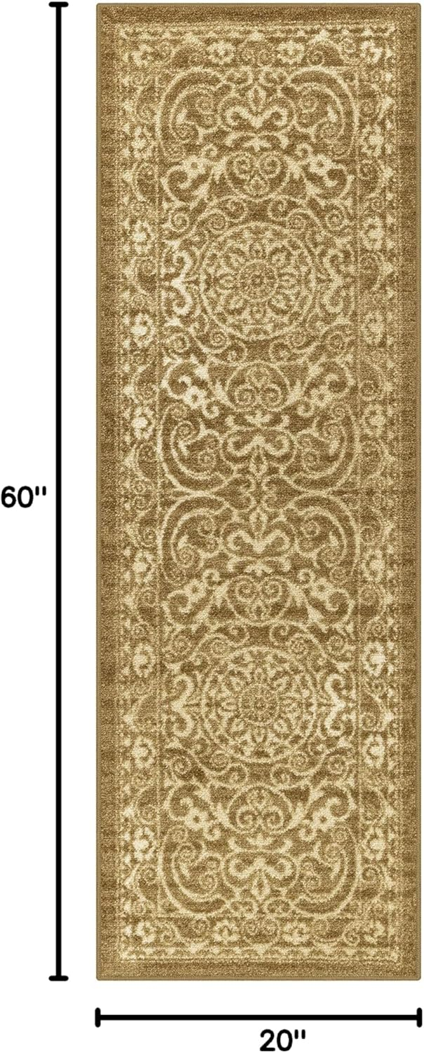 Vintage Scroll Design Khaki Synthetic Runner Rug