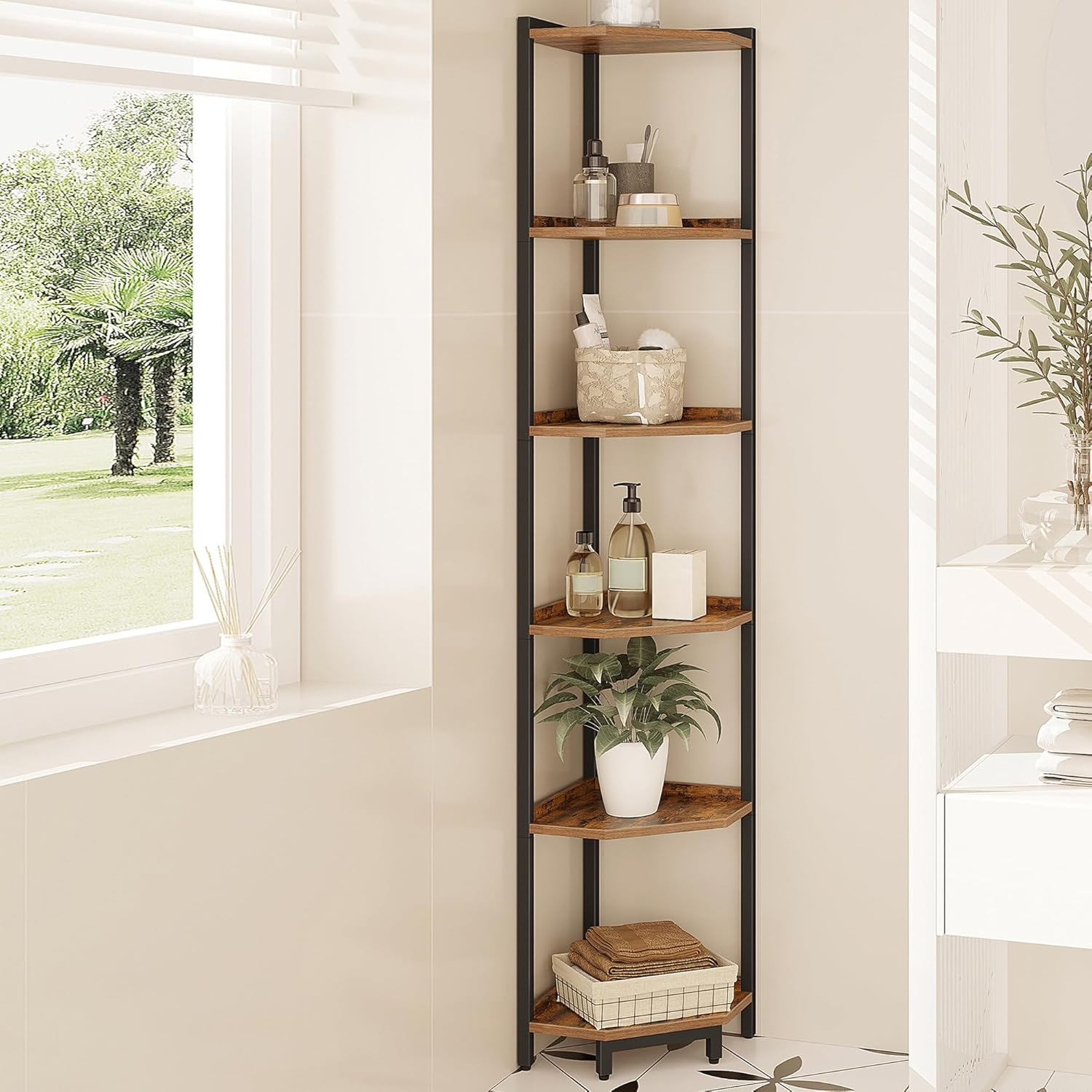 Corner Shelf Stand, Corner Bookshelf, Storage Standing Shelf Unit with Metal Frame, Plant Stand, Corner Bookcase for Living Room, Home Office, Bedroom, 4-Tier Rustic Brown CS05801B