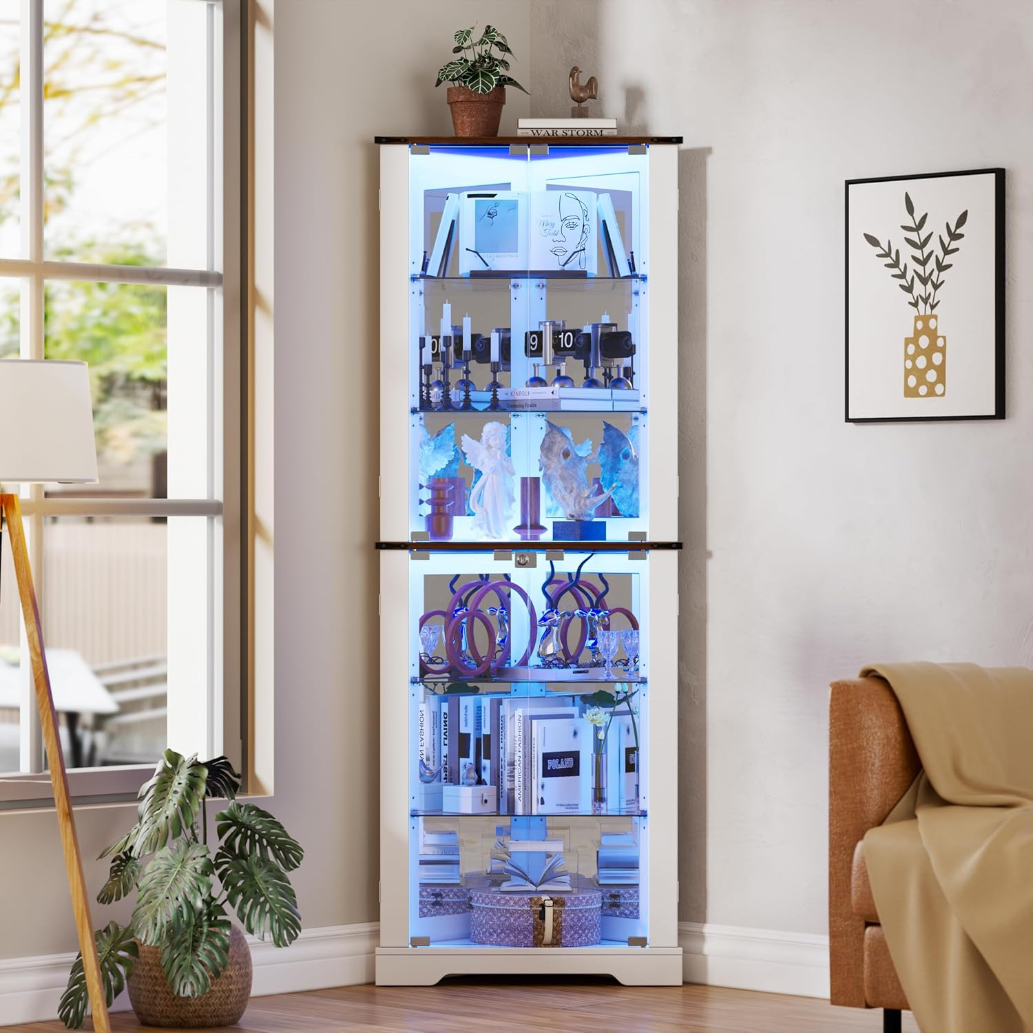 PAKASEPT 71'' Farmhouse Display Curio Cabinet with LED Lights,Tempered Glass Doors,6 Shelves,Corner Wine Cabinet Storage Rack for Bar and Liquor Storage,White (1, Triangular)