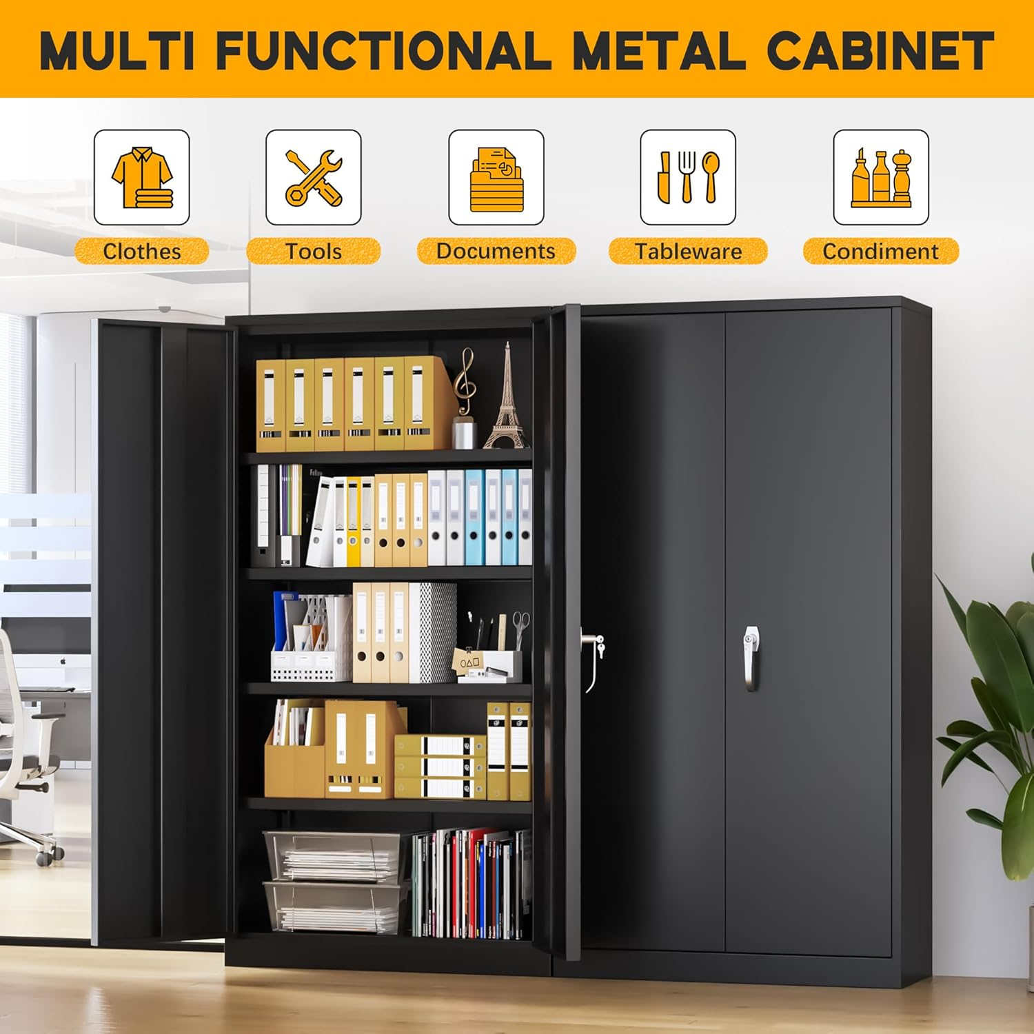 Greenvelly Metal Storage Cabinet with Lock, 72" H Black Metal Garage Storage Cabinet with Doors and 4 Shelves, Lockable Steel Tool Cabinets for Garage, Home, Office, Shop, School(36" W x 18" D)