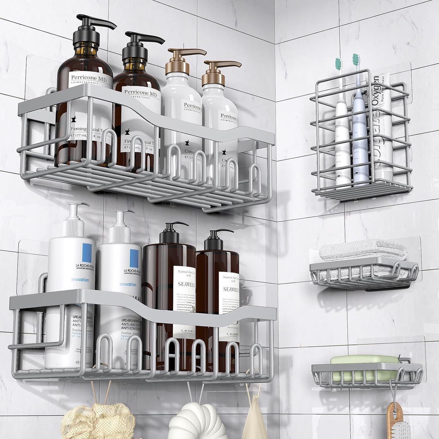 Shower Caddy 5 Pack,Adhesive Shower Organizer for Bathroom Storage&Home Decor&Kitchen,No Drilling,Large Capacity,Rustproof Stainless Steel Bathroom Organizer,Shower Shelves for Inside Shower-Standard